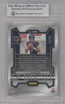 C.J. Stroud from the 2023 Panini Prizm set featuring a No Huddle Red parallel graded by Beckett and given an overall grade of 8.5.