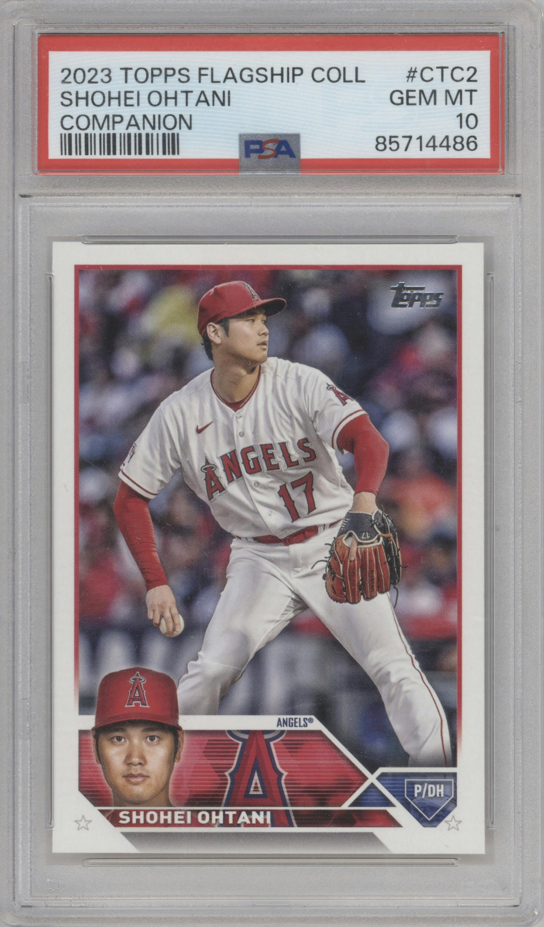 Shohei Ohtani from the 2023 Topps Flagship Collection set graded by PSA and given an overall grade of 10.