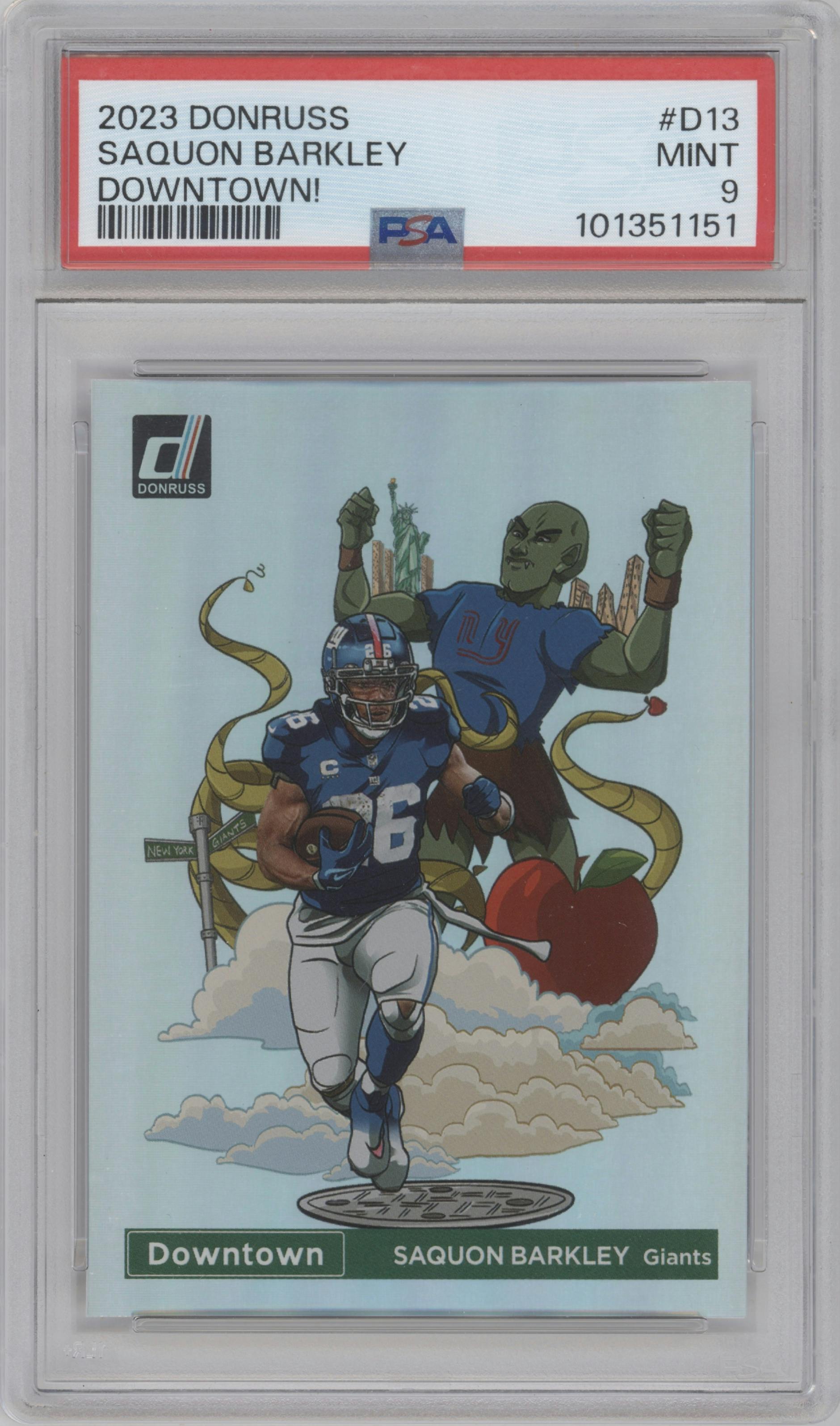 Saquon Barkley from the 2023 Panini Donruss set graded by PSA and given an overall grade of 9.