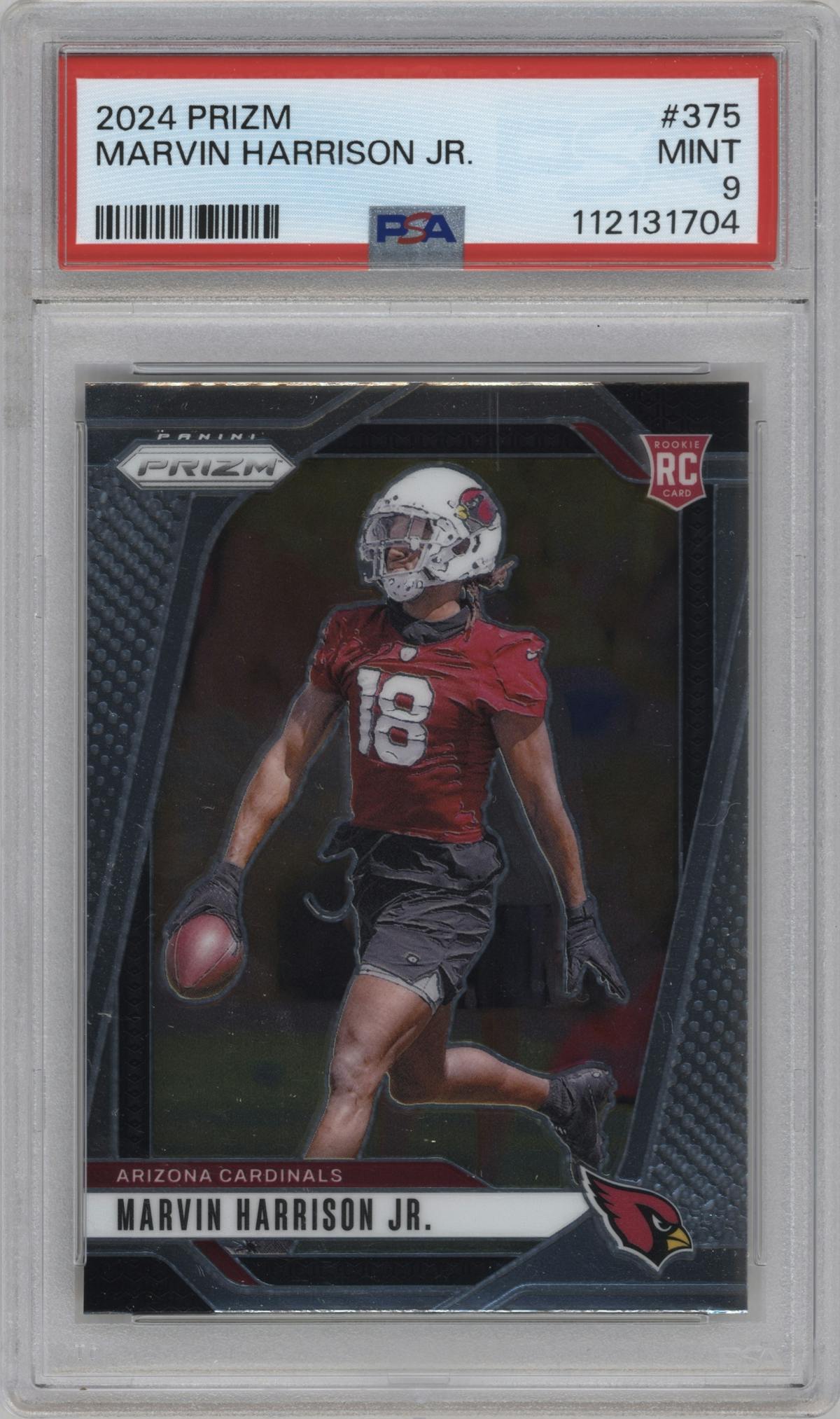 Marvin Harrison Jr. from the 2024 Panini Prizm set graded by PSA and given an overall grade of 9.