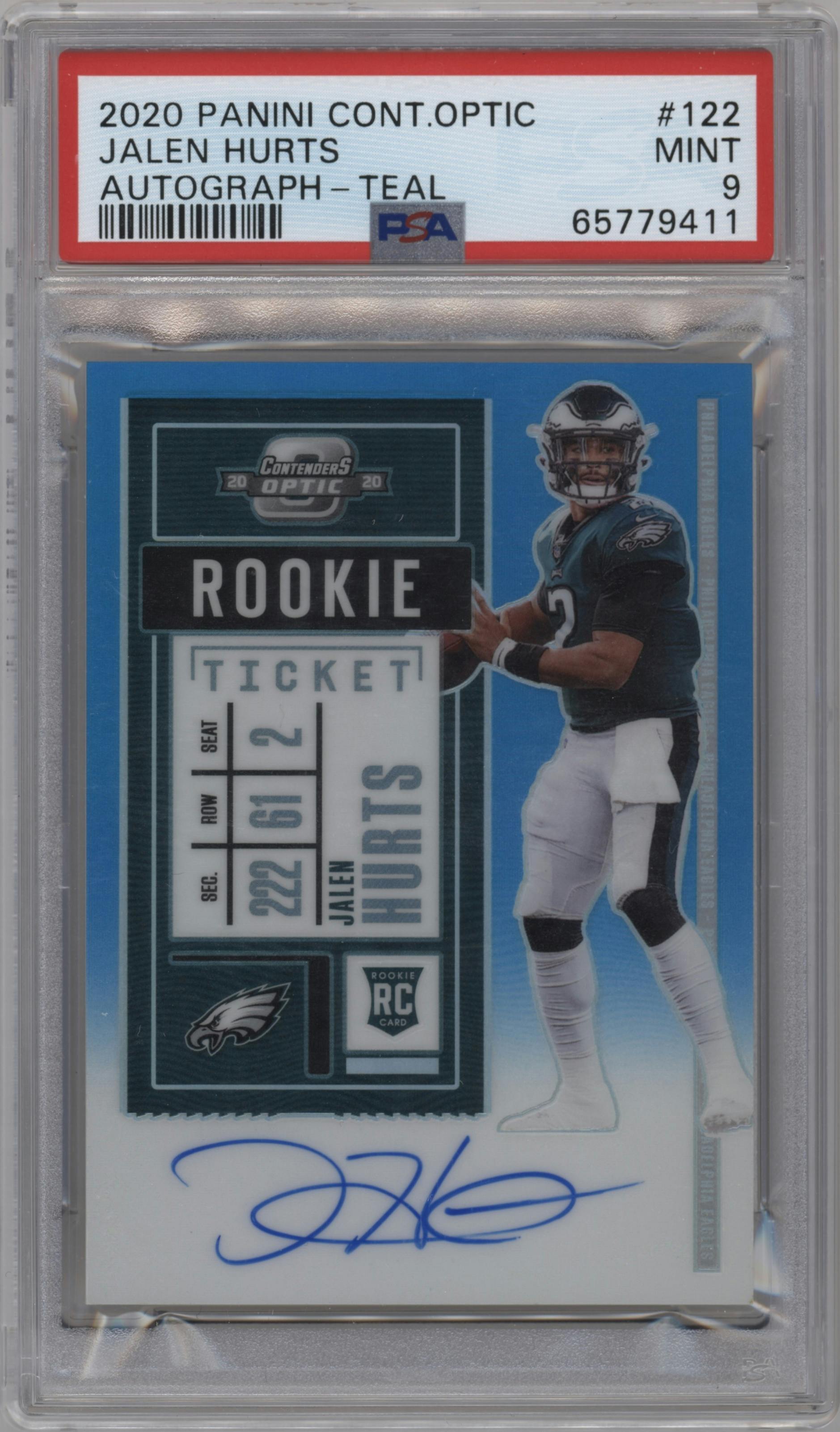 Jalen Hurts from the 2020 Panini Contenders Optic set featuring a Teal parallel graded by PSA and given an overall grade of 9.
