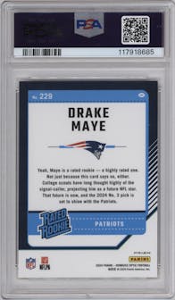 Drake Maye from the 2024 Donruss Optic set featuring a Fire parallel graded by PSA and given an overall grade of 10.