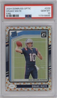 Drake Maye from the 2024 Donruss Optic set featuring a Fire parallel graded by PSA and given an overall grade of 10.