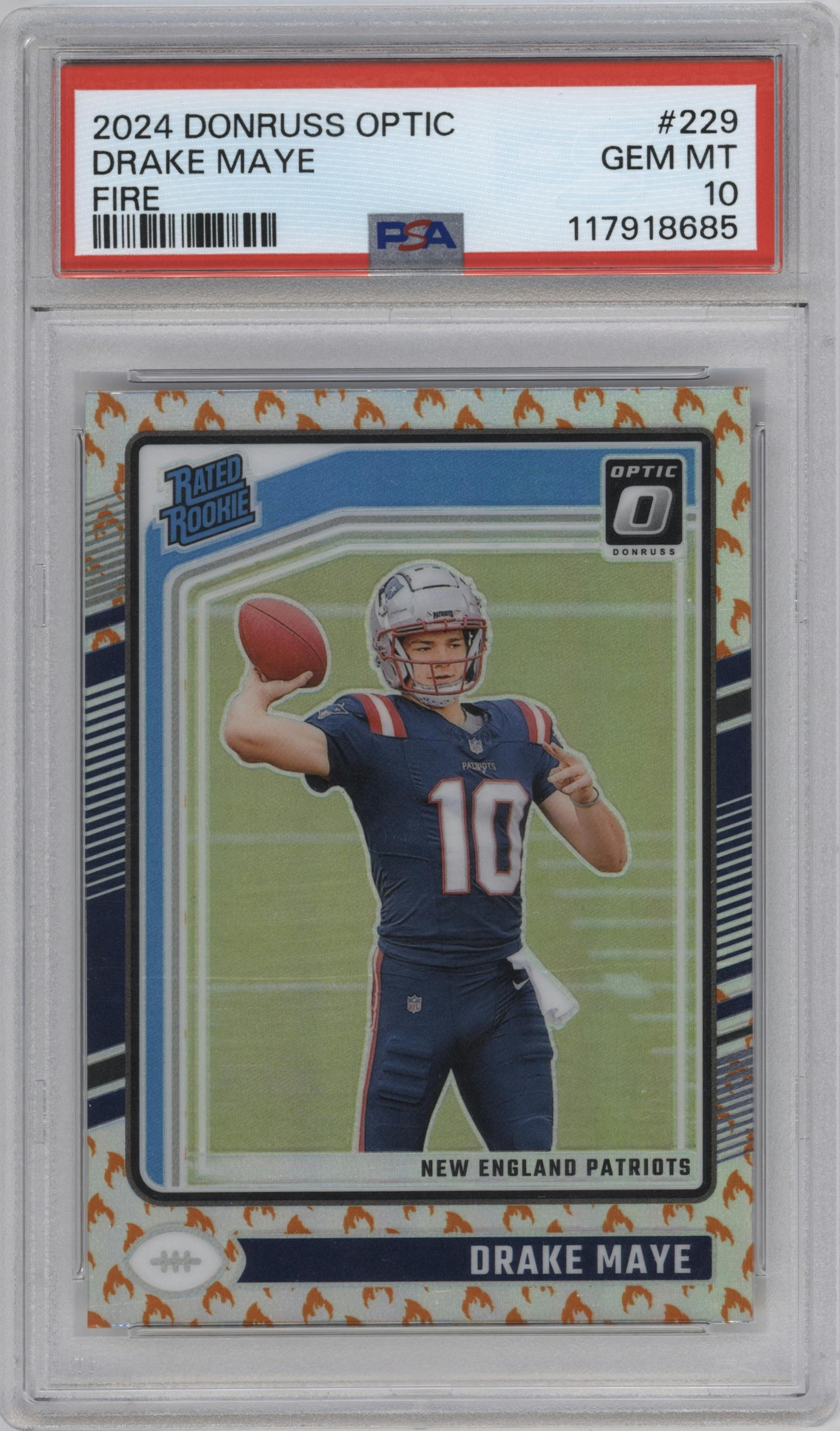 Drake Maye from the 2024 Donruss Optic set featuring a Fire parallel graded by PSA and given an overall grade of 10.