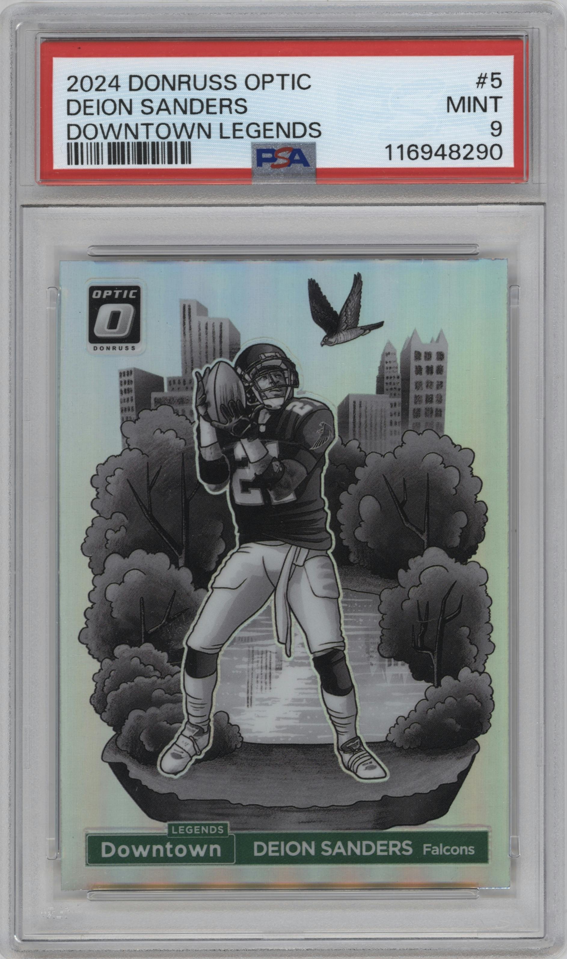 Deion Sanders from the 2024 Donruss Optic set graded by PSA and given an overall grade of 9.