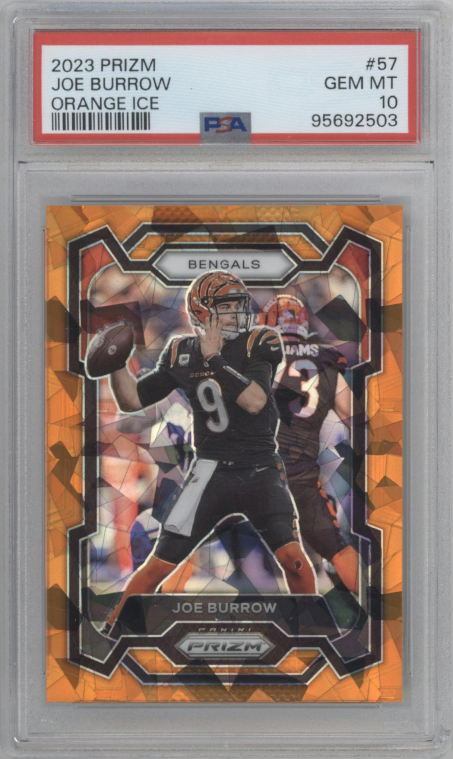 Joe Burrow from the 2023 Panini Prizm set featuring a Orange Ice parallel graded by PSA and given an overall grade of 10.