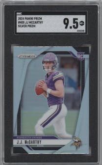 J.J. McCarthy from the 2024 Panini Prizm set featuring a Silver Prizm parallel graded by SGC and given an overall grade of 9.5.
