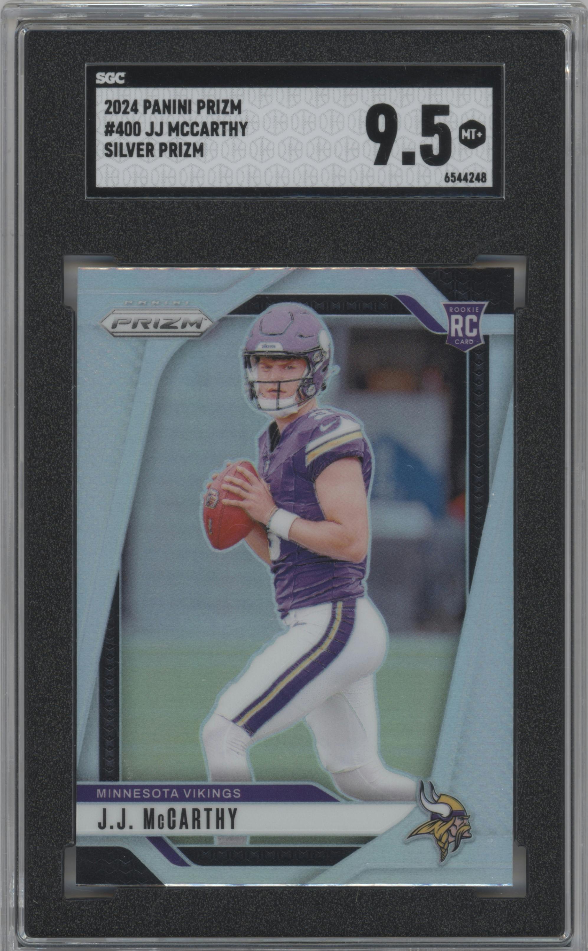 J.J. McCarthy from the 2024 Panini Prizm set featuring a Silver Prizm parallel graded by SGC and given an overall grade of 9.5.