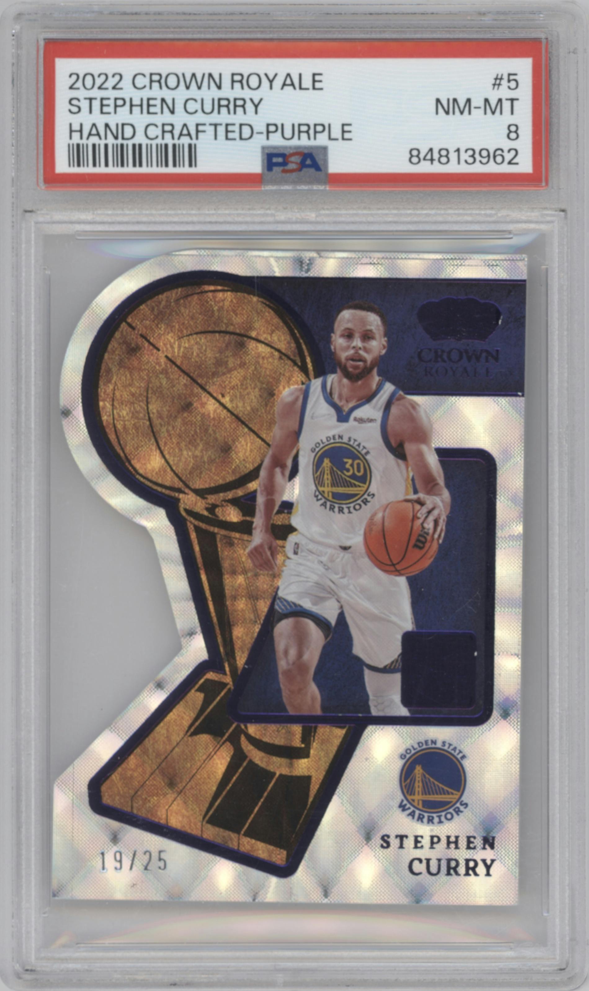 Stephen Curry from the 2022-23 Panini Crown Royale set featuring a Purple parallel graded by PSA and given an overall grade of 8.