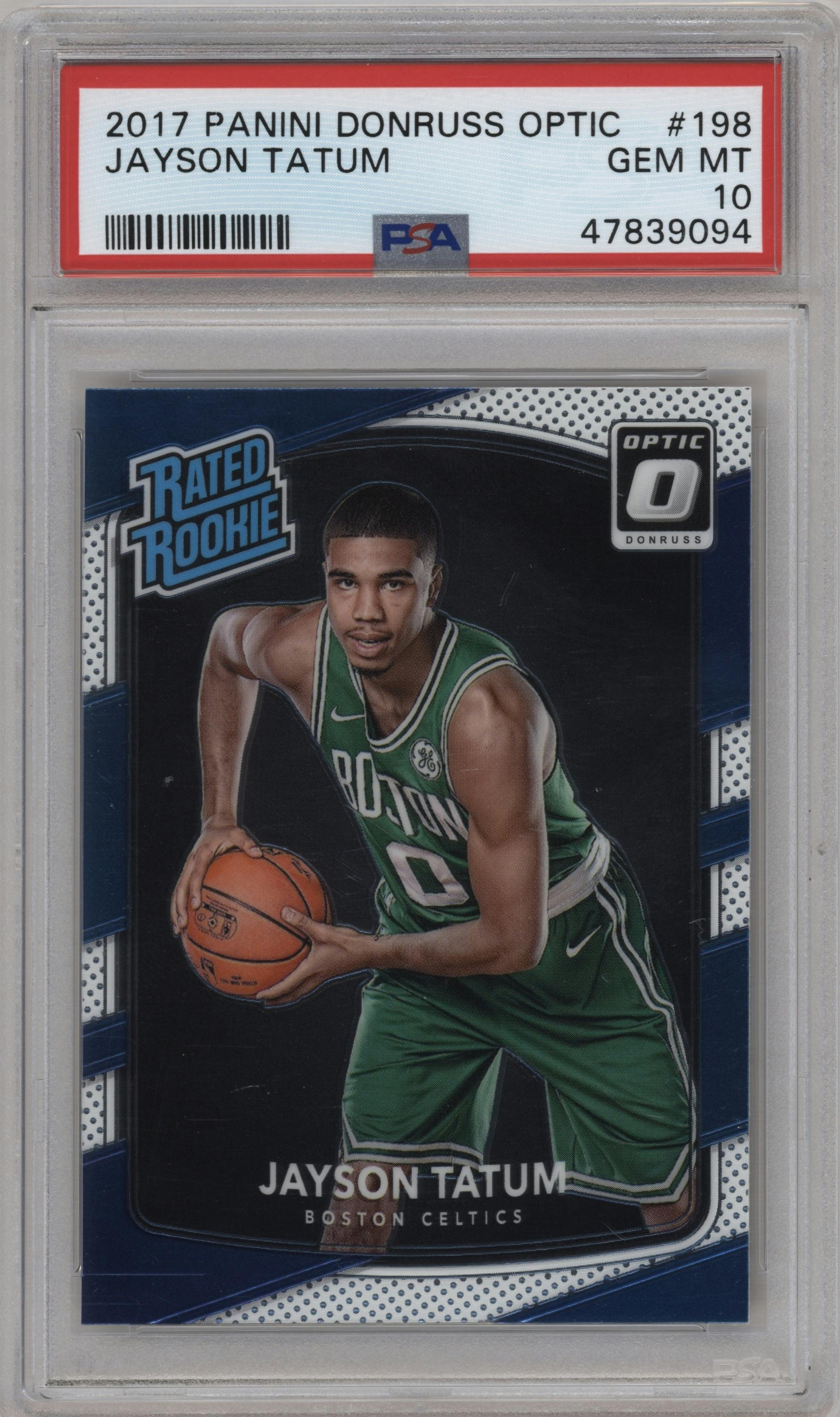 Jayson Tatum from the 2017-18 Panini Donruss Optic set graded by PSA and given an overall grade of 10.
