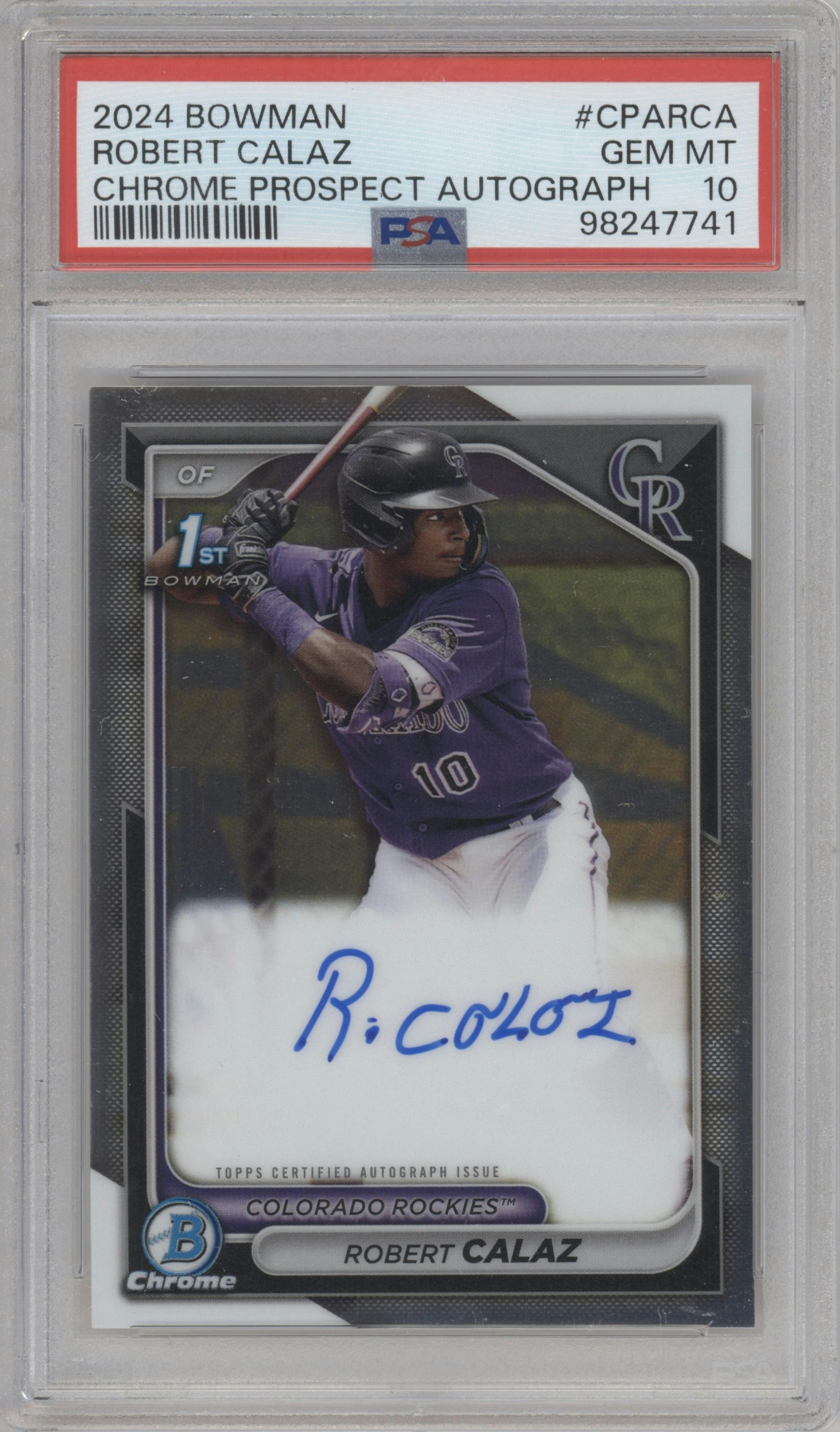 Robert Calaz from the 2024 Bowman set graded by PSA and given an overall grade of 10.