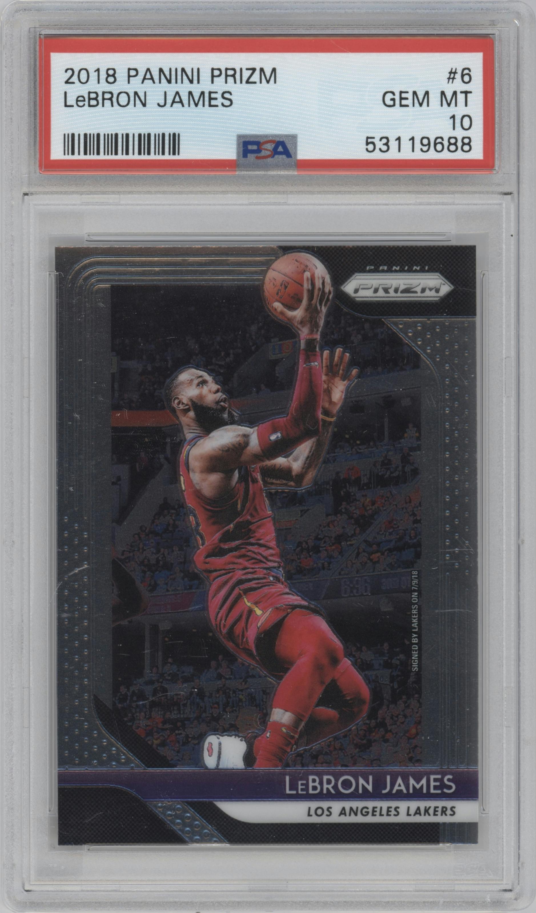 LeBron James from the 2018-19 Panini Prizm set graded by PSA and given an overall grade of 10.