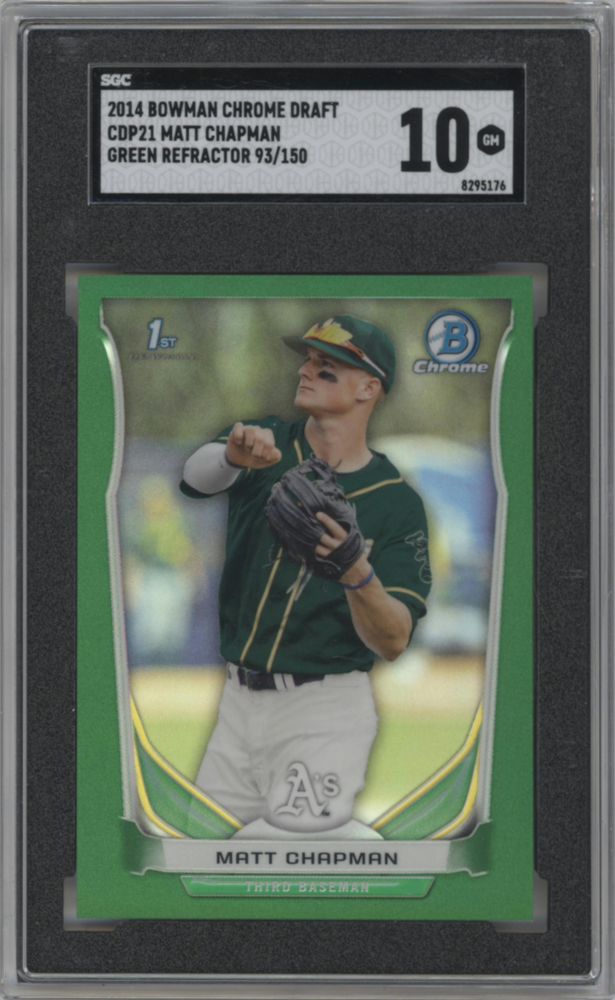 Matt Chapman from the 2014 Bowman Draft  set featuring a Green Refractor parallel graded by SGC and given an overall grade of 10.