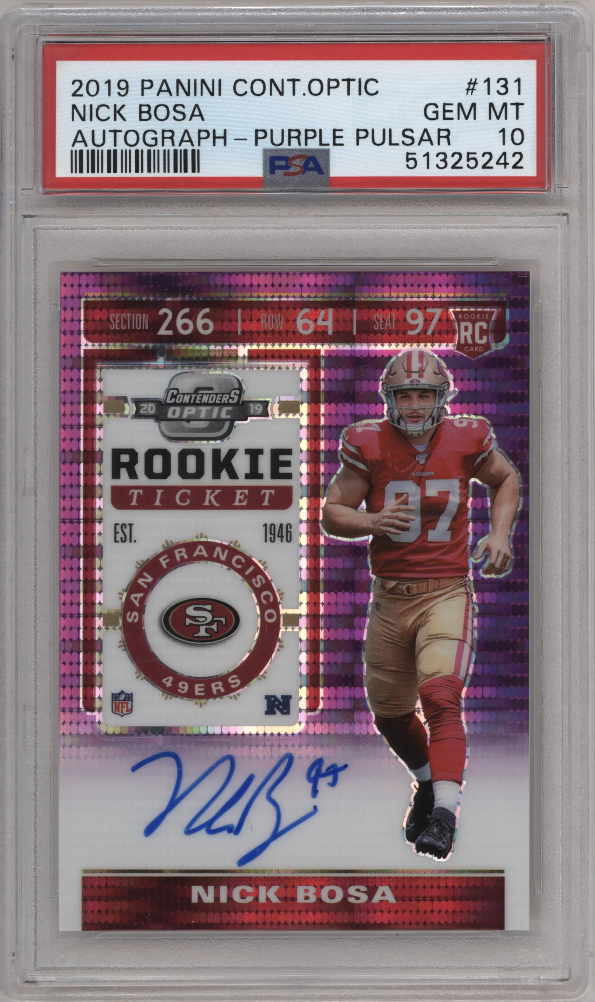 Nick Bosa from the 2019 Panini Contenders Optic set featuring a Purple Pulsar FOTL parallel graded by PSA and given an overall grade of 10.