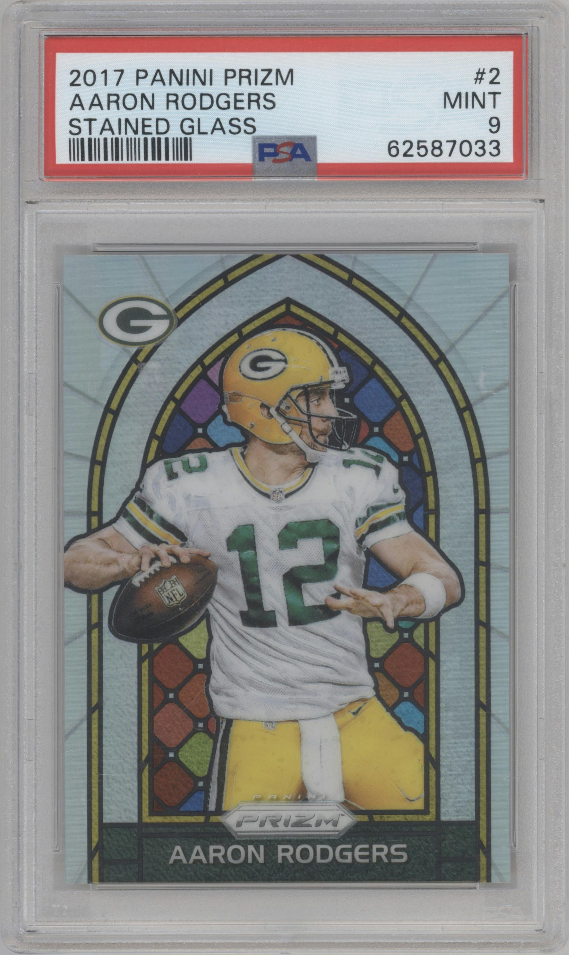 Aaron Rodgers from the 2017 Panini Prizm set graded by PSA and given an overall grade of 9.