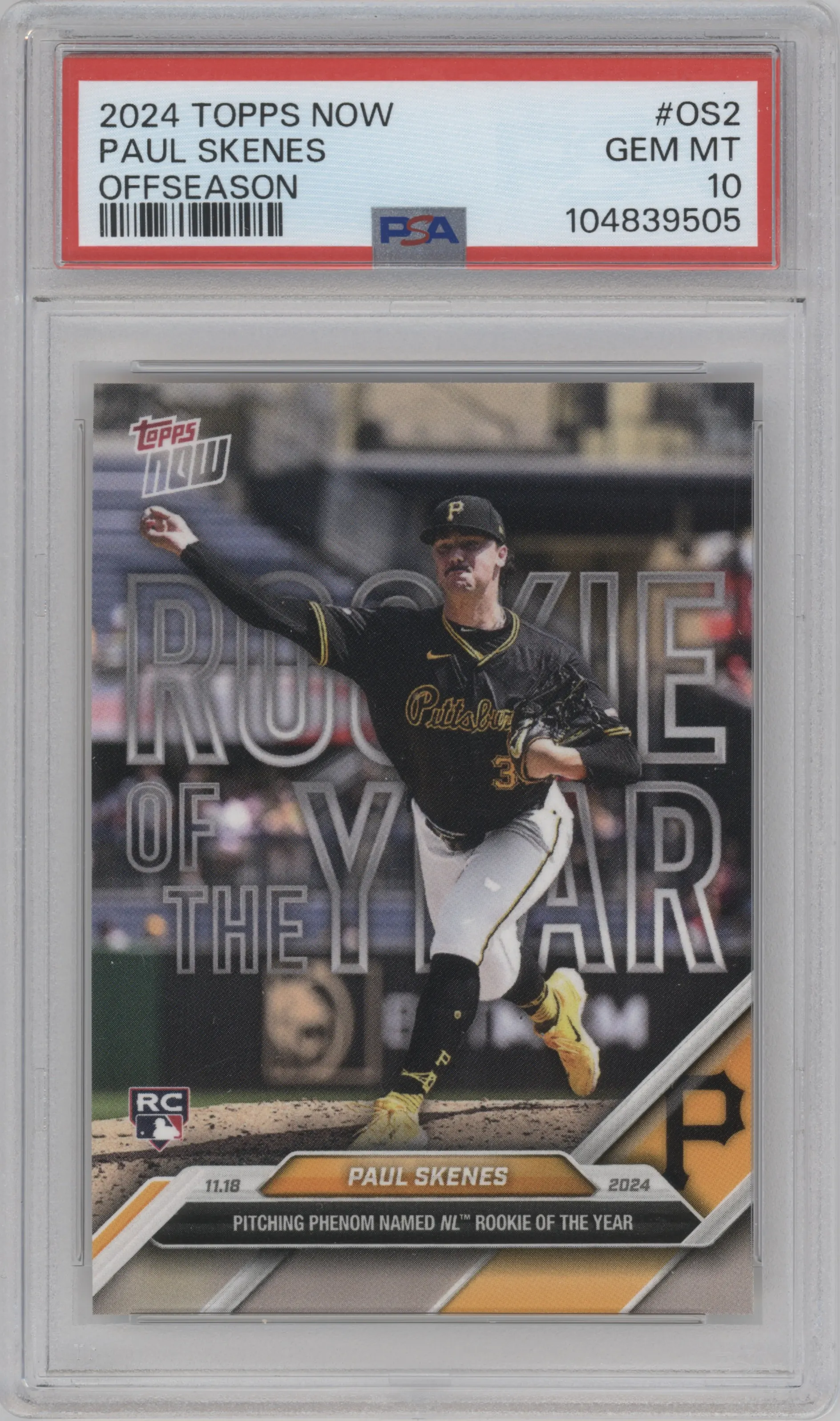 Paul Skenes from the 2024-25 Topps Now Off-Season set graded by PSA and given an overall grade of 10.
