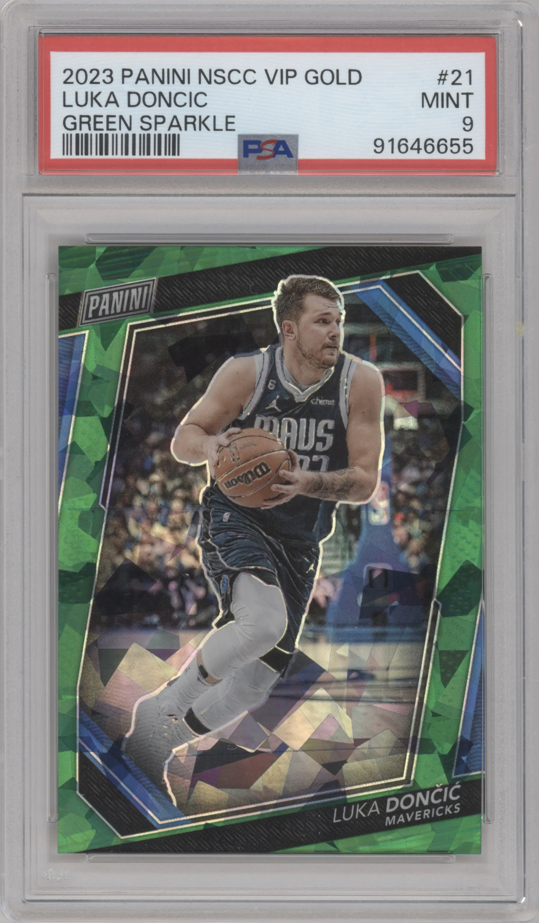 Luka Doncic from the 2023 Panini The National VIP set featuring a Green Sparkle parallel graded by PSA and given an overall grade of 9.