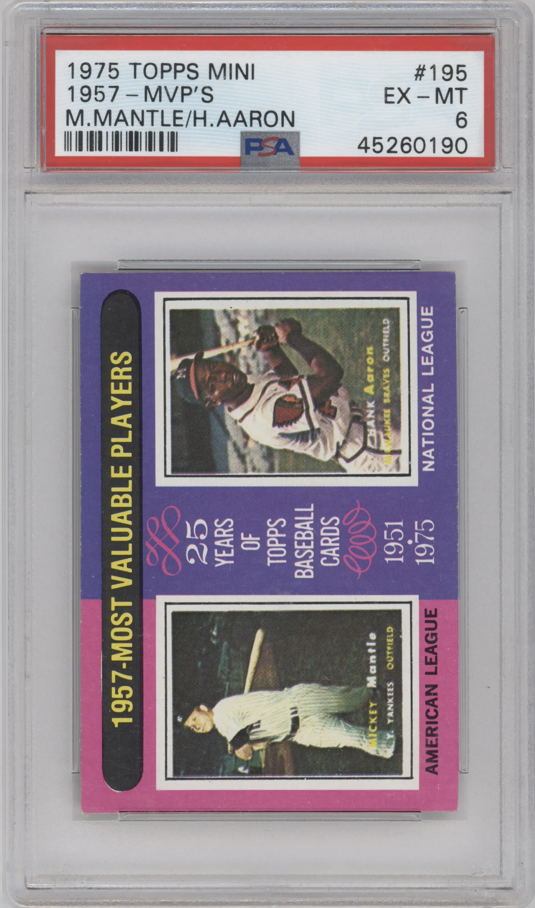Mickey Mantle/Hank Aaron from the 1975 Topps Mini set graded by PSA and given an overall grade of 6.