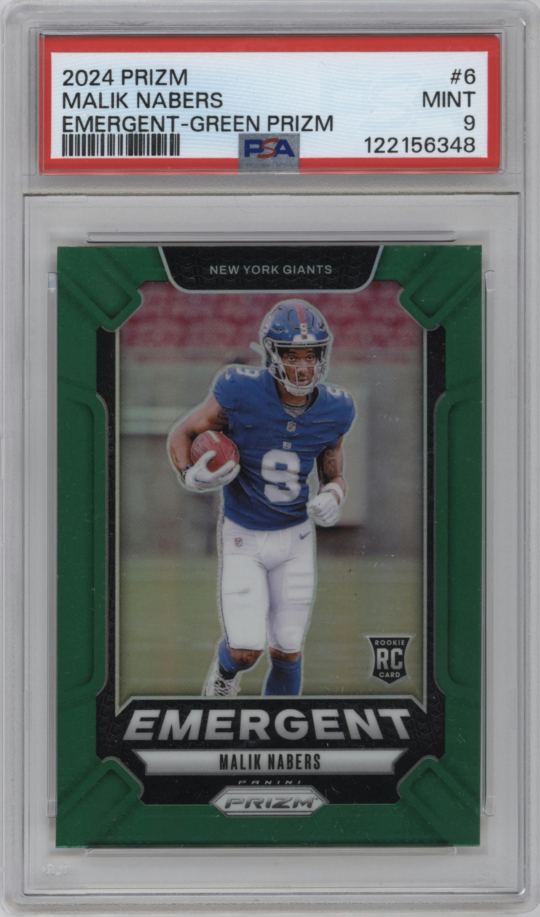 Malik Nabers from the 2024 Panini Prizm set featuring a Green Prizm parallel graded by PSA and given an overall grade of 9.