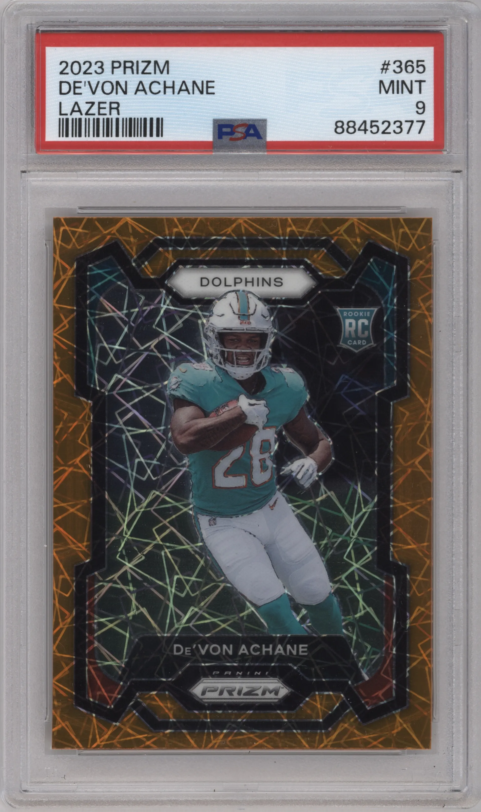 De'Von Achane from the 2023 Panini Prizm set featuring a Lazer parallel graded by PSA and given an overall grade of 9.