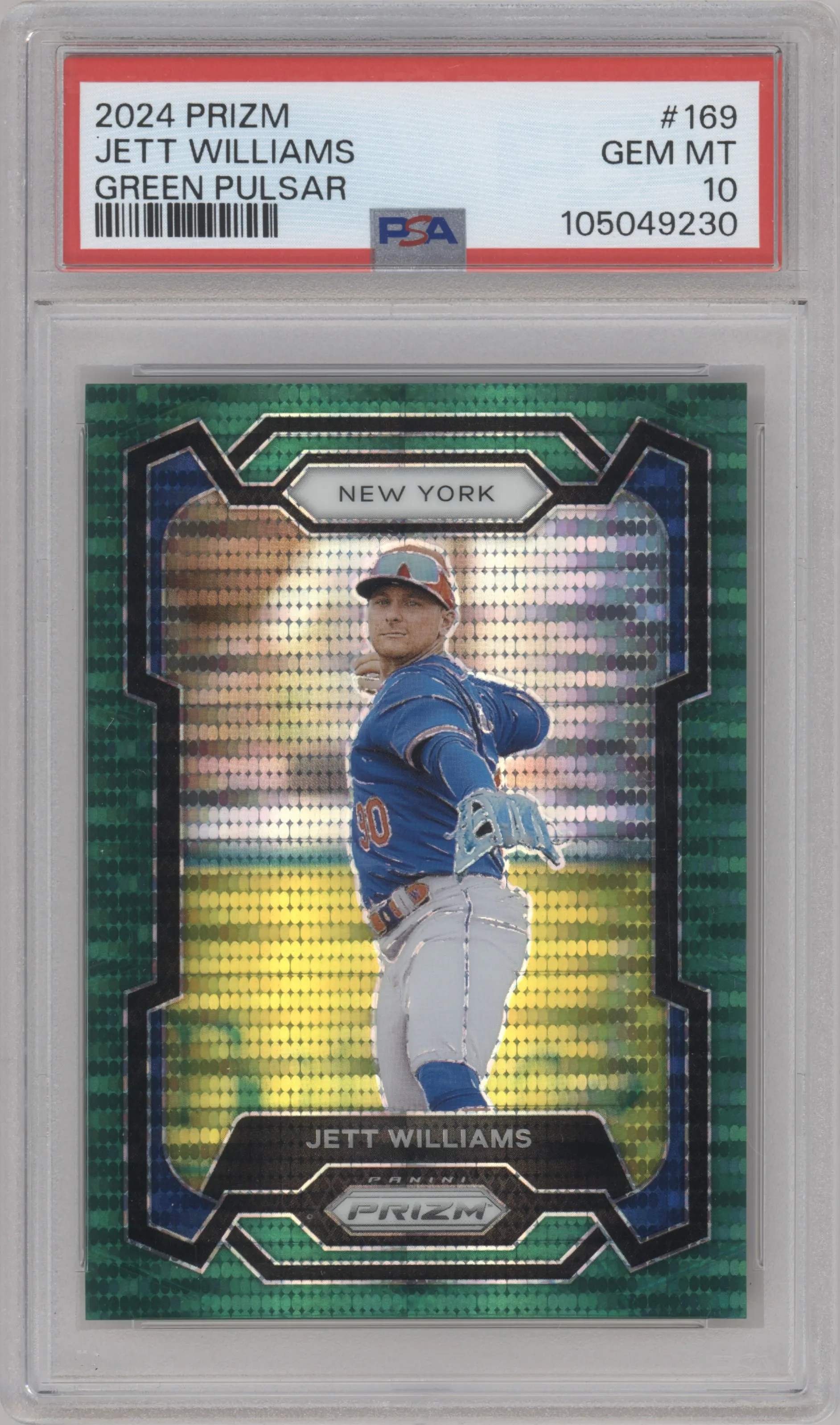 Jett Williams from the 2024 Panini Prizm set featuring a Green Pulsar Prizm parallel graded by PSA and given an overall grade of 10.