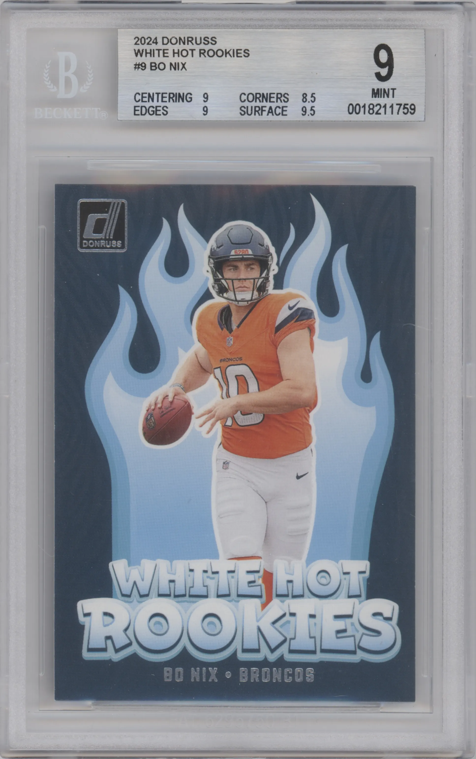 Bo Nix from the 2024 Donruss set graded by Beckett and given an overall grade of 9.