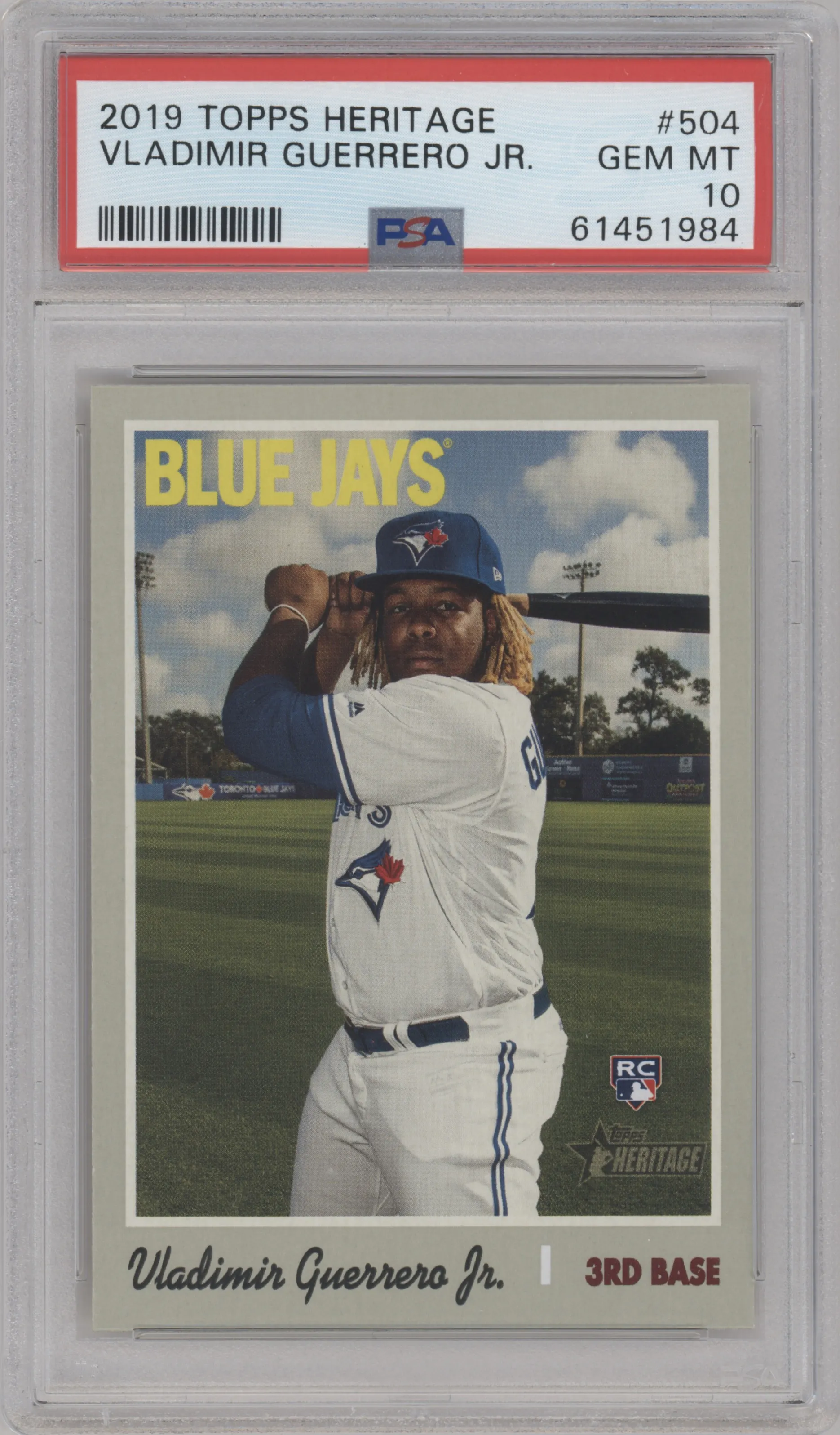 Vladimir Guerrero Jr. from the 2019 Topps Heritage HN set graded by PSA and given an overall grade of 10.