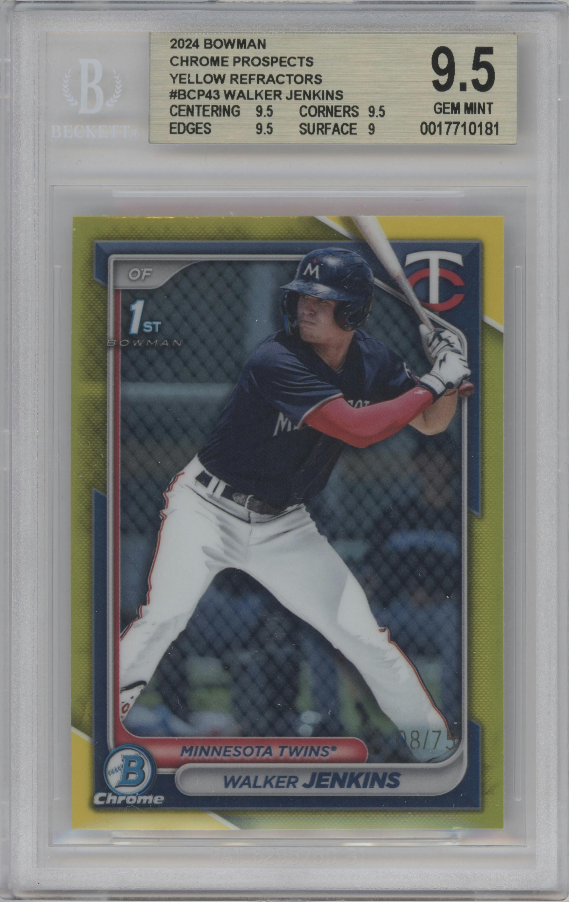 Walker Jenkins from the 2024 Bowman set featuring a Yellow Refractor parallel graded by Beckett and given an overall grade of 9.5.
