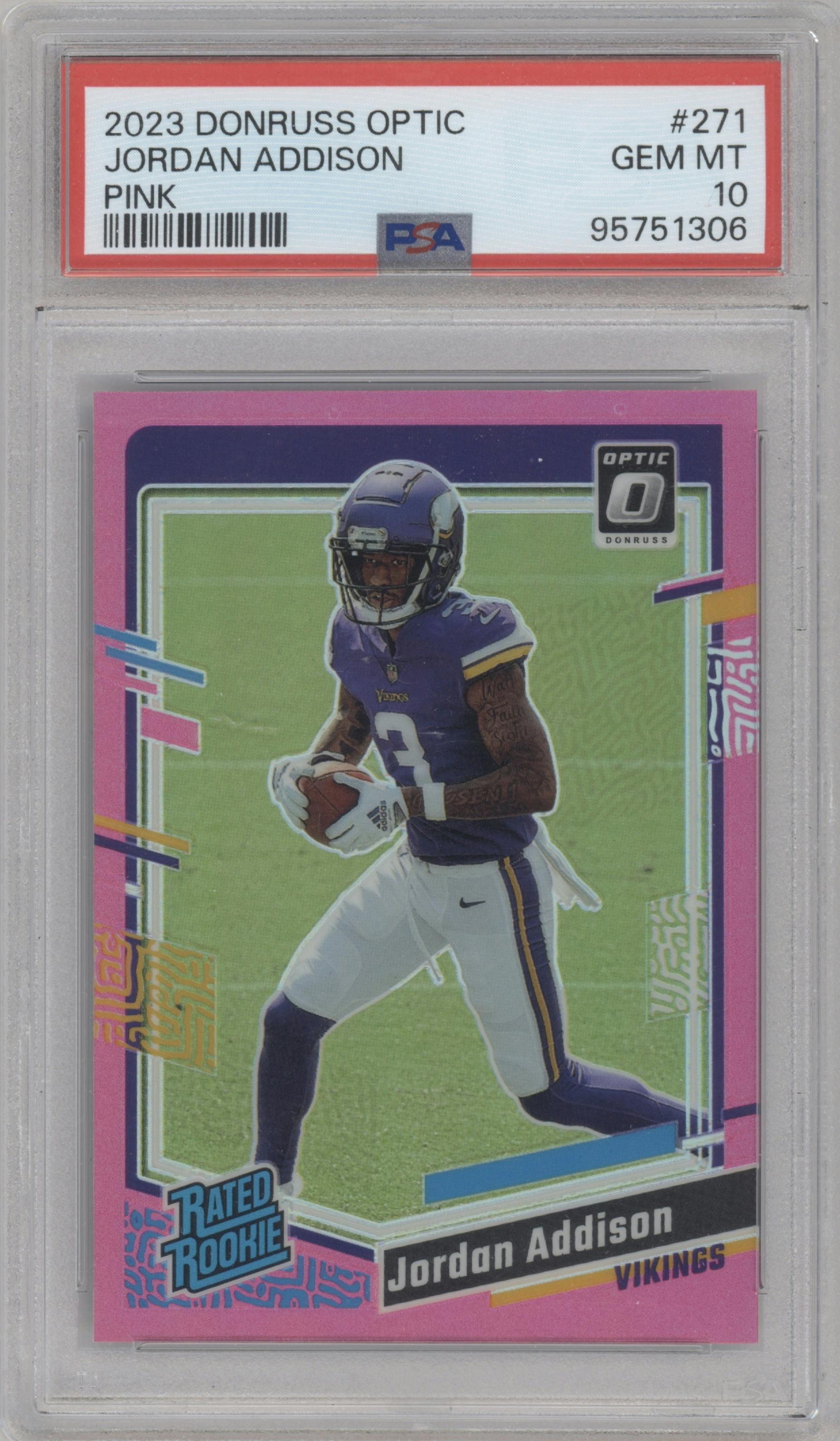 Jordan Addison from the 2023 Donruss Optic set featuring a Pink parallel graded by PSA and given an overall grade of 10.