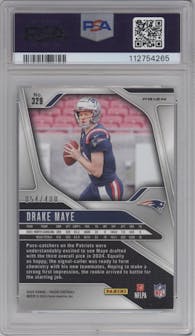 Drake Maye from the 2024 Panini Prizm set featuring a Pandora parallel graded by PSA and given an overall grade of 8.