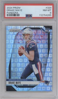 Drake Maye from the 2024 Panini Prizm set featuring a Pandora parallel graded by PSA and given an overall grade of 8.