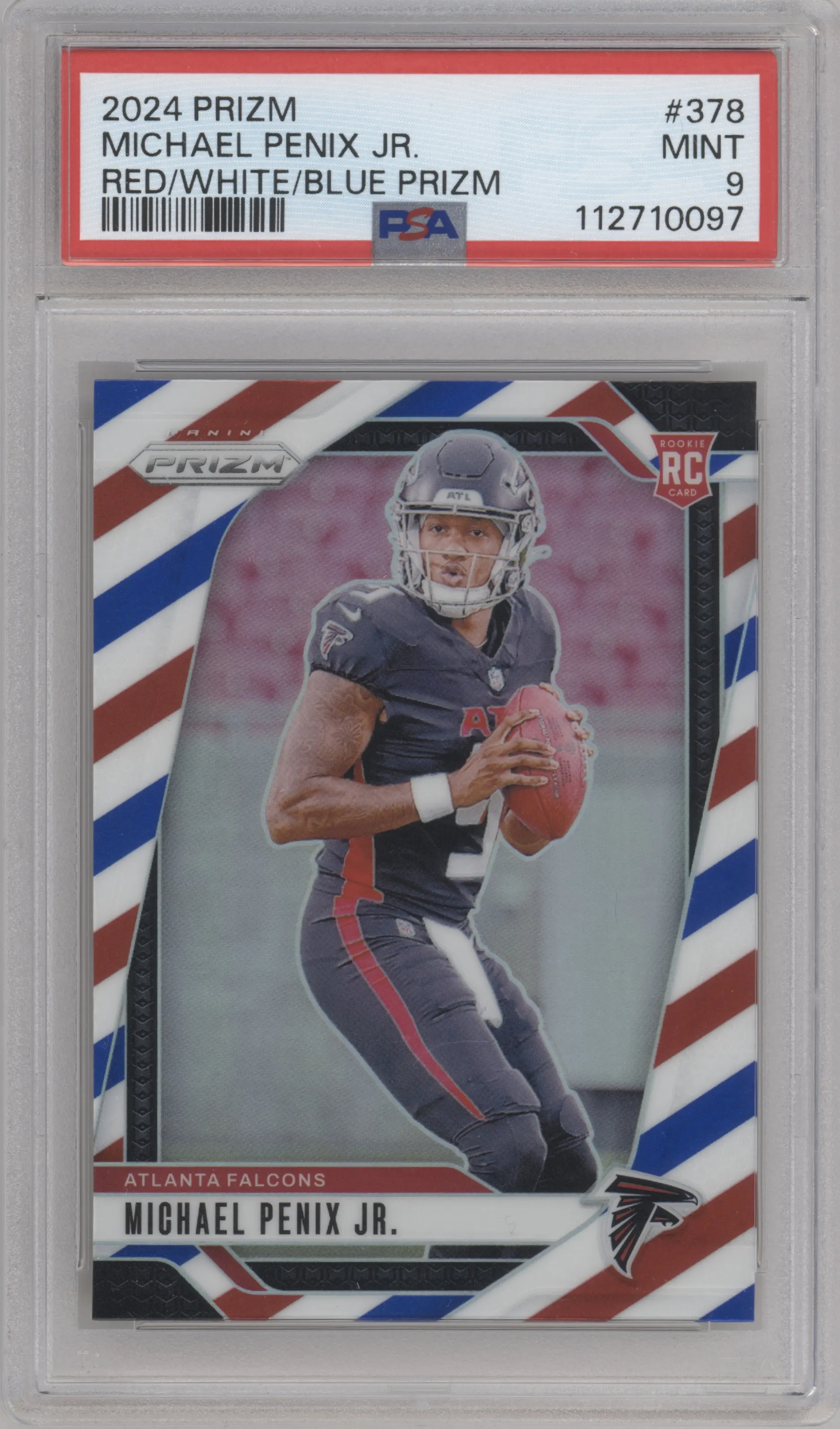 Michael Penix Jr. from the 2024 Panini Prizm set featuring a Red White Blue Prizm parallel graded by PSA and given an overall grade of 9.