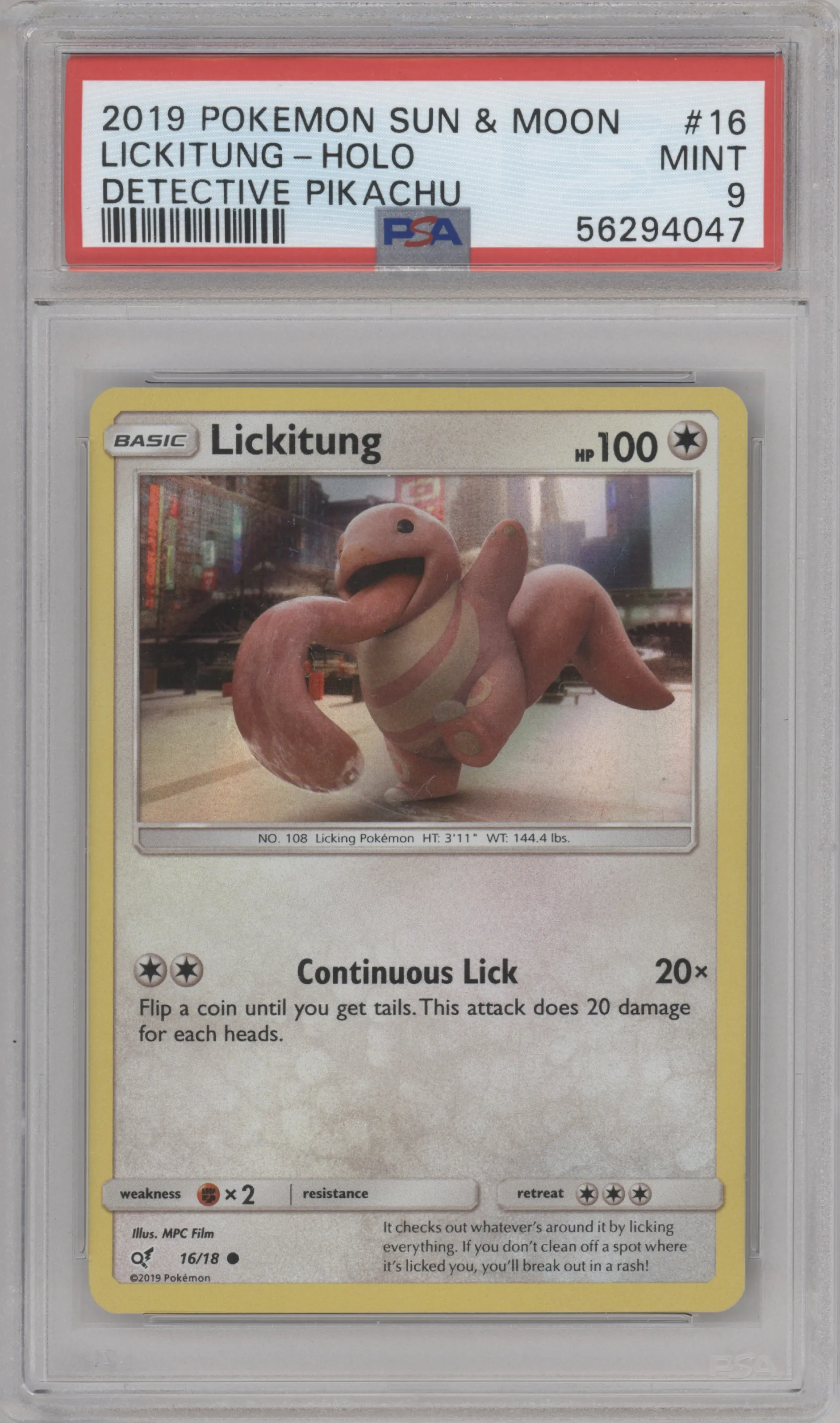 Lickitung from the 2019 Pokemon S&M  set graded by PSA and given an overall grade of 9.