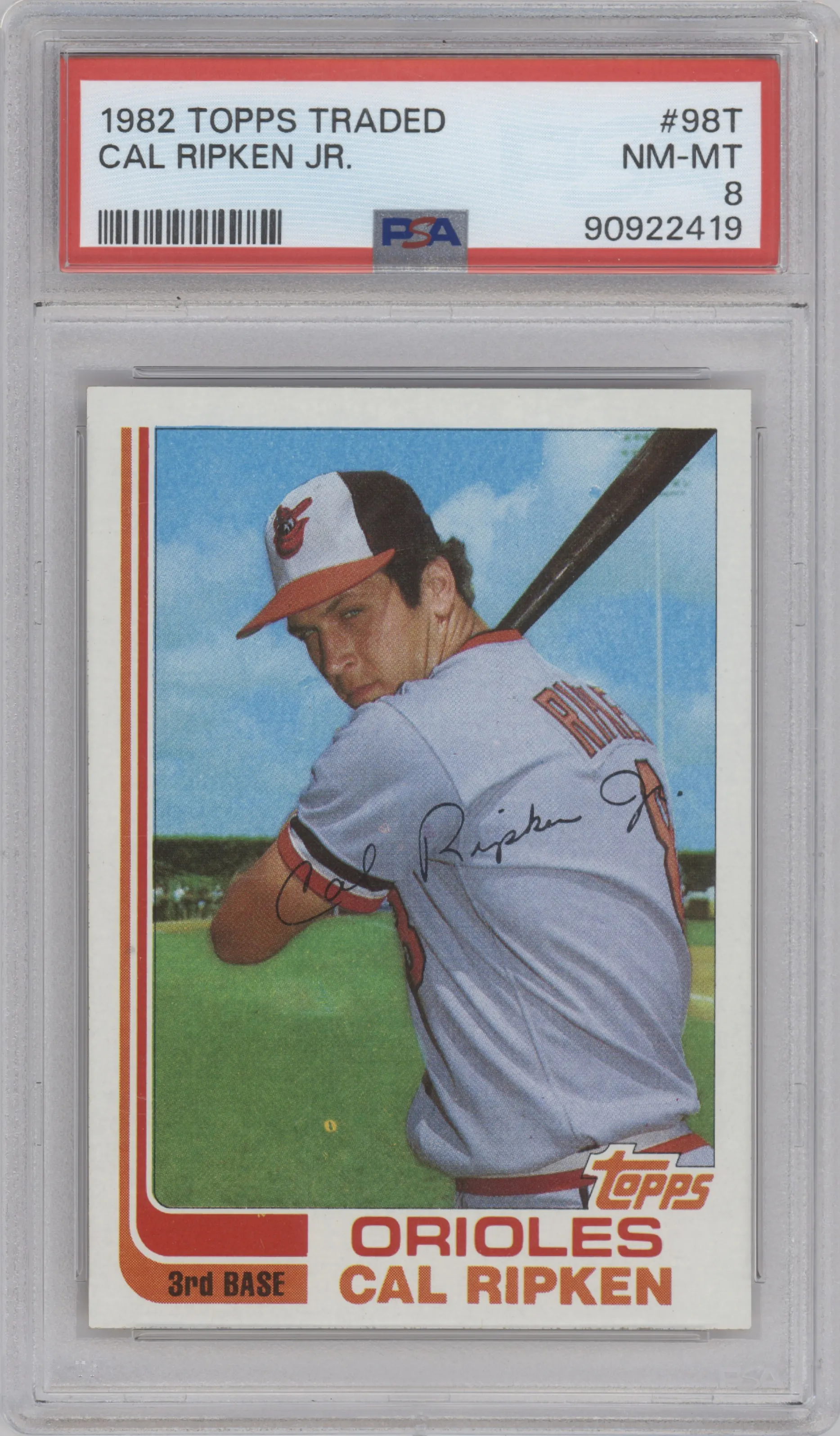 Cal Ripken Jr. from the 1982 Topps Traded set graded by PSA and given an overall grade of 8.