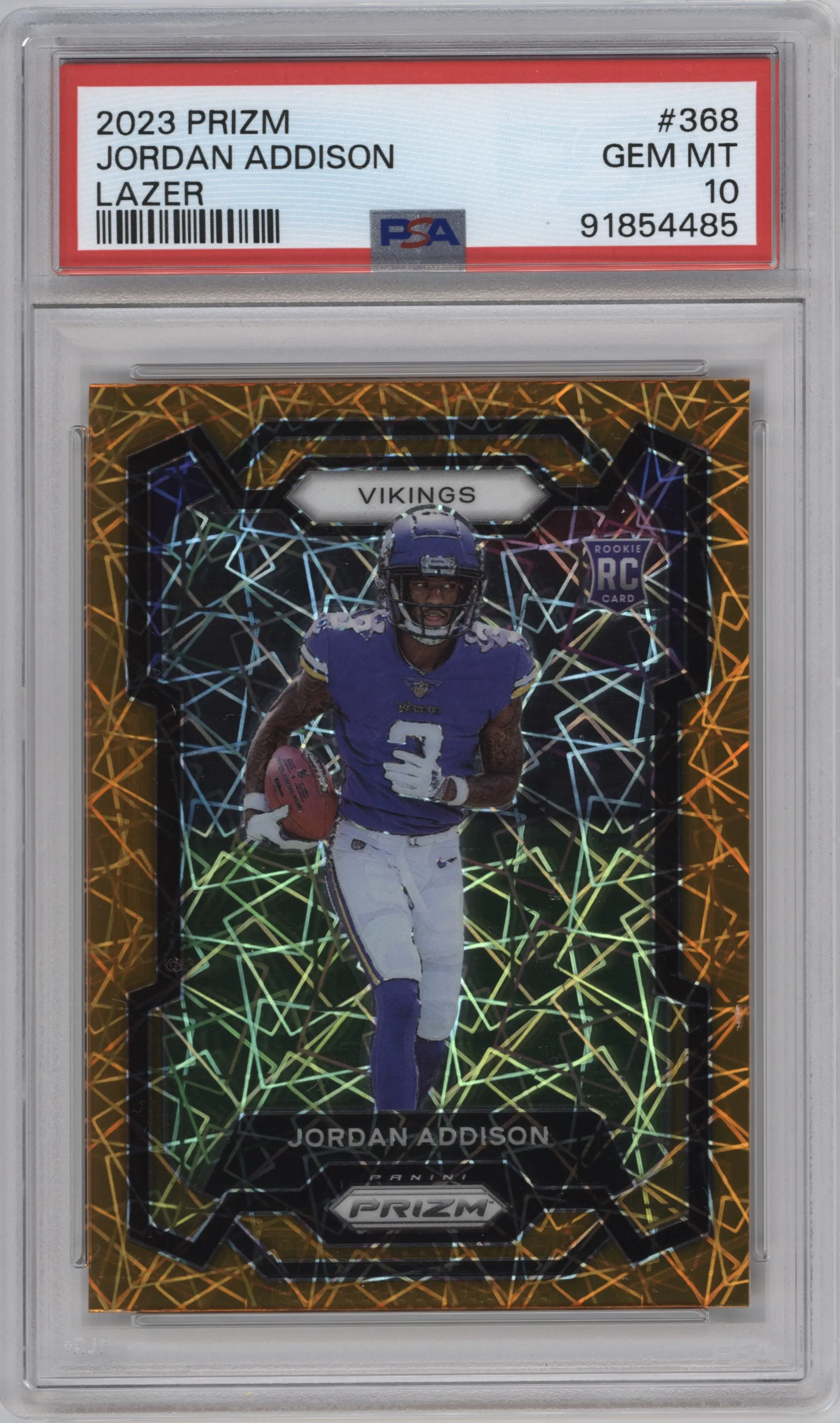 Jordan Addison from the 2023 Panini Prizm set featuring a Lazer parallel graded by PSA and given an overall grade of 10.