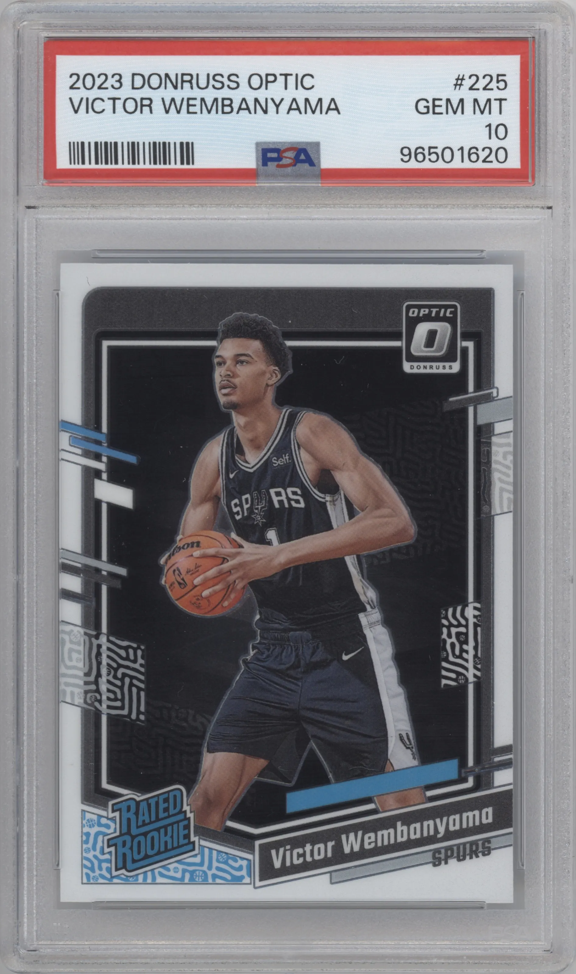 Victor Wembanyama from the 2023-24 Donruss Optic set graded by PSA and given an overall grade of 10.
