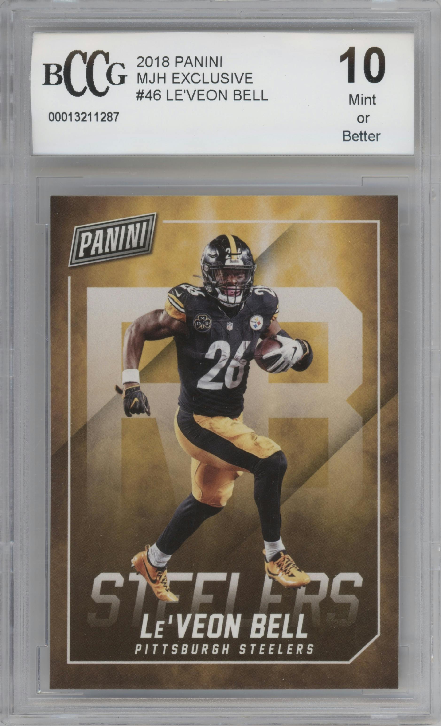 Le'Veon Bell from the 2018 Panini MJ Holding Exclusive set graded by Beckett and given an overall grade of 10.