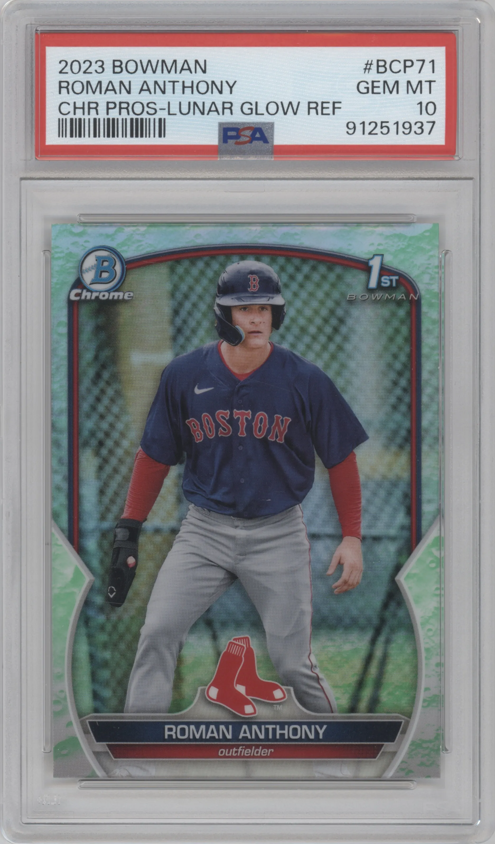 Roman Anthony from the 2023 Bowman  set featuring a Lunar Glow Refractor  parallel graded by PSA and given an overall grade of 10.