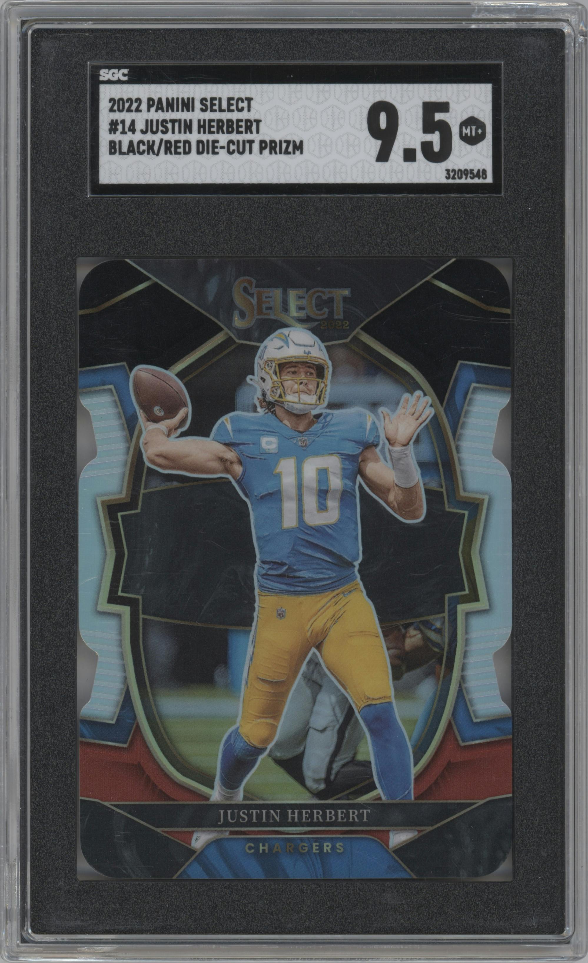 Justin Herbert from the 2022 Panini Select set featuring a Die-Cut Black/Red parallel graded by SGC and given an overall grade of 9.5.