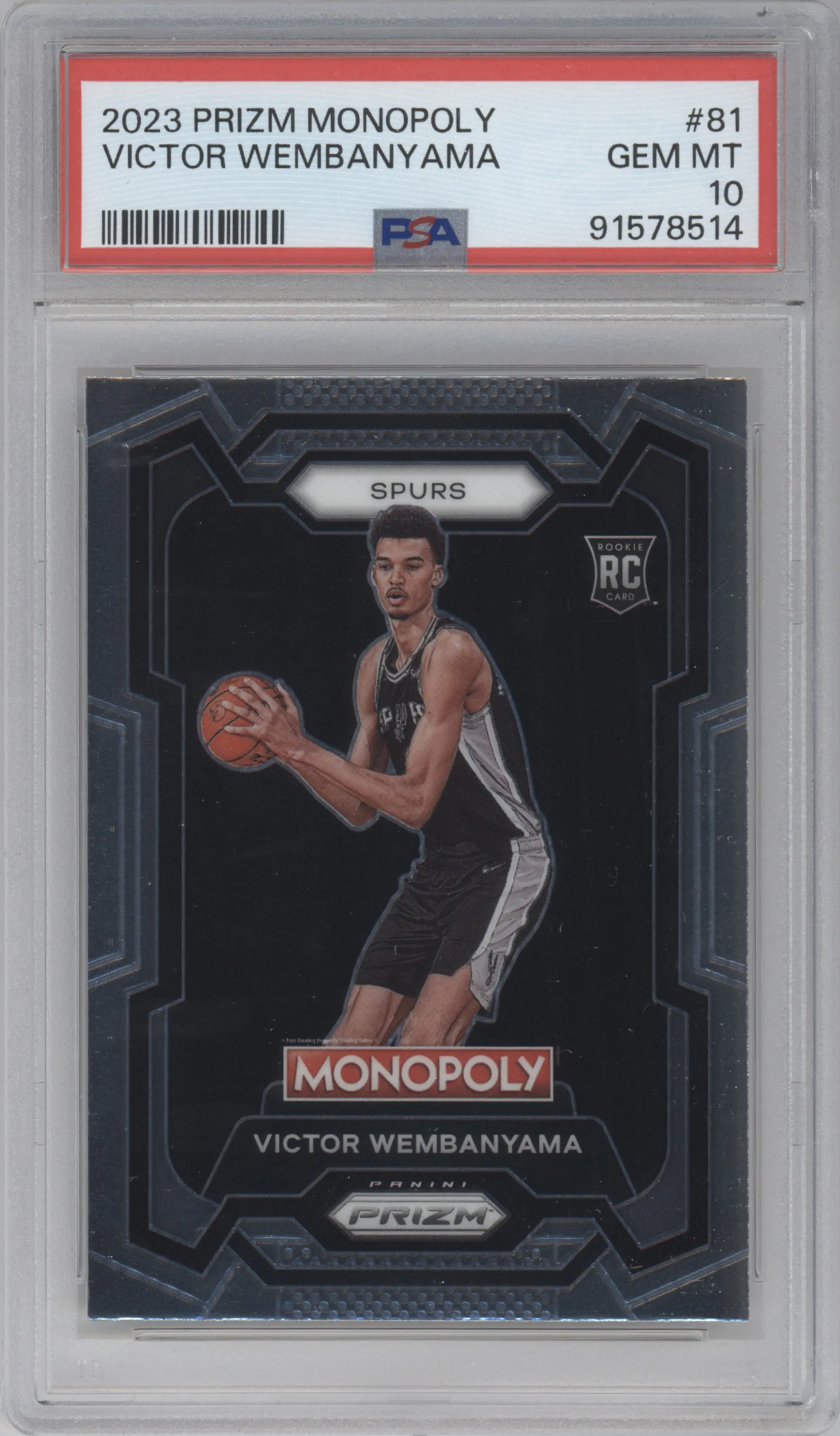 Victor Wembanyama from the 2023-24 Panini Prizm Monopoly set graded by PSA and given an overall grade of 10.