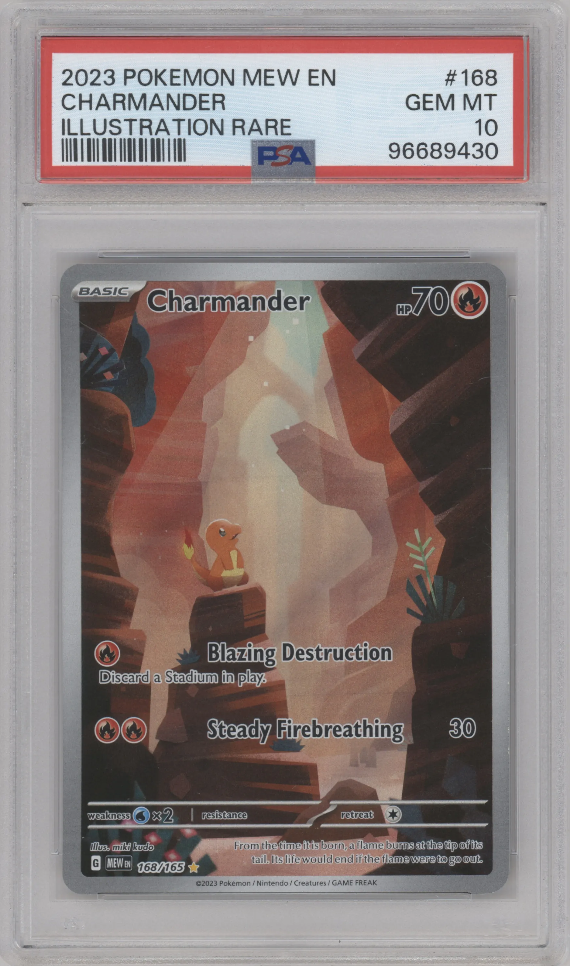 Charmander from the 2023 Pokemon SV set graded by PSA and given an overall grade of 10.