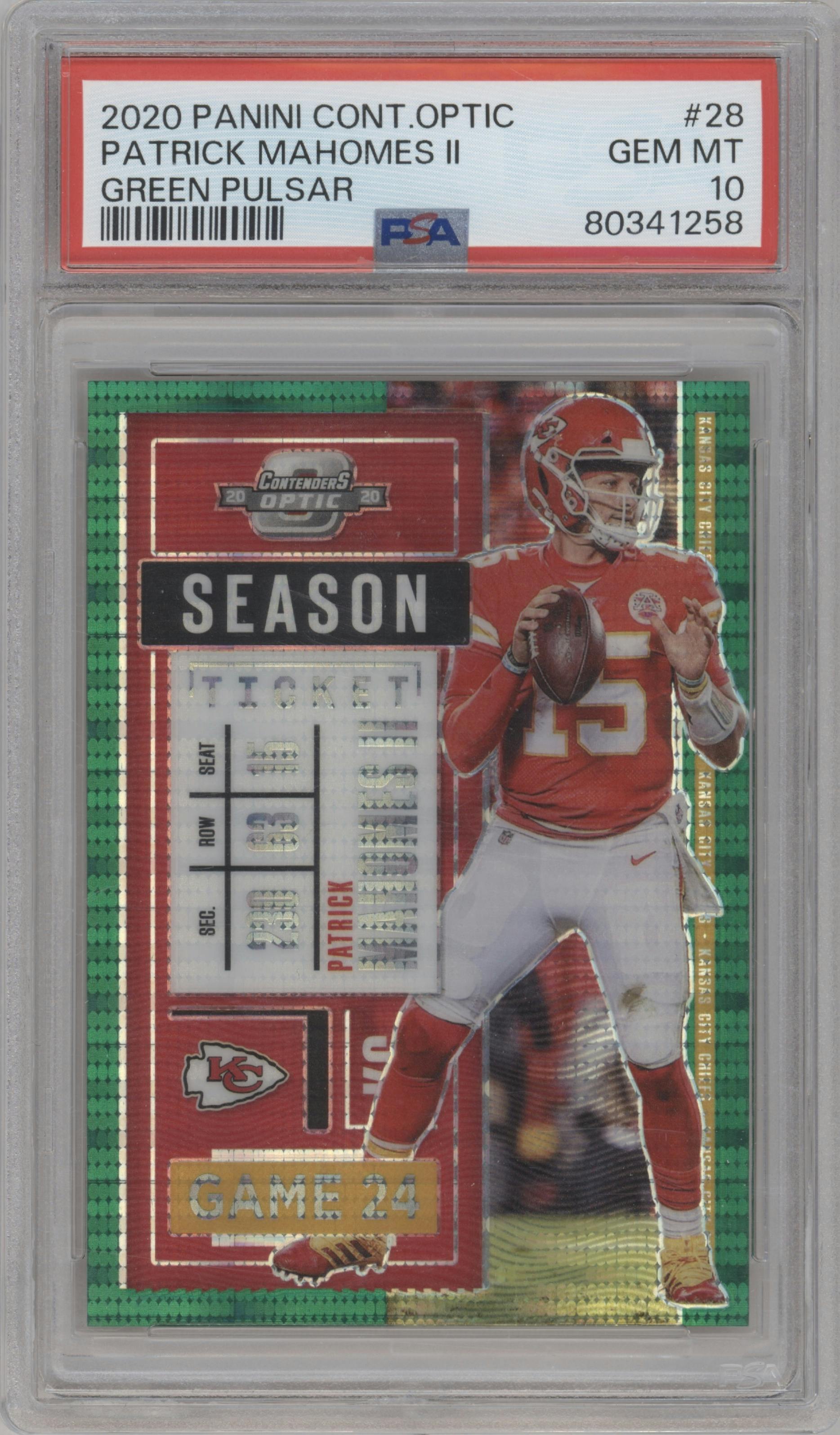 Patrick Mahomes II from the 2020 Panini Contenders Optic set featuring a Green Pulsar parallel graded by PSA and given an overall grade of 10.