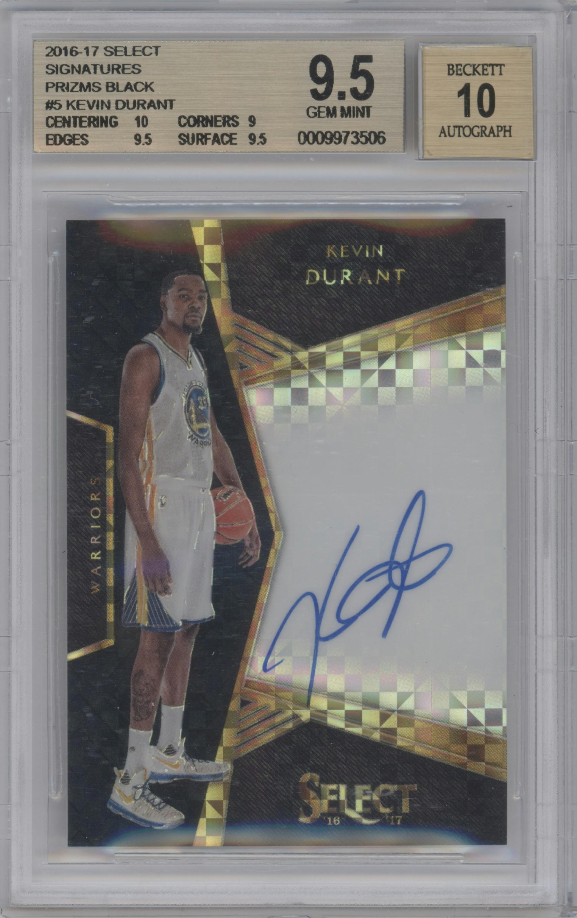 Kevin Durant from the 2016-17 Panini Select set featuring a Black Prizm parallel graded by Beckett and given an overall grade of 9.5.
