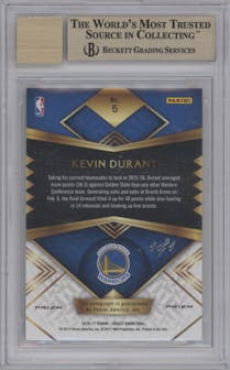 Kevin Durant from the 2016-17 Panini Select set featuring a Black Prizm parallel graded by Beckett and given an overall grade of 9.5.
