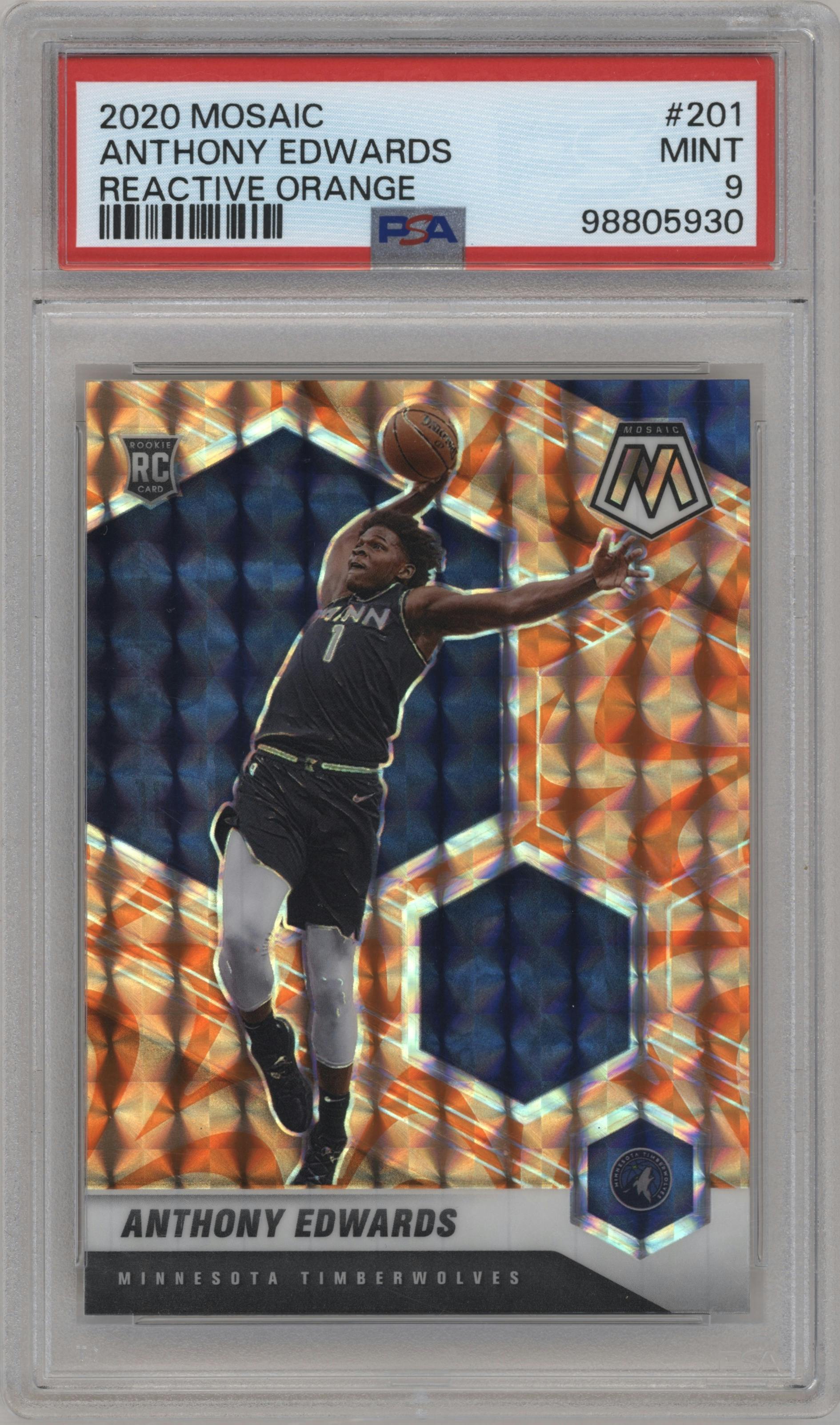 Anthony Edwards from the 2020-21 Panini Mosaic set featuring a Reactive Orange parallel graded by PSA and given an overall grade of 9.