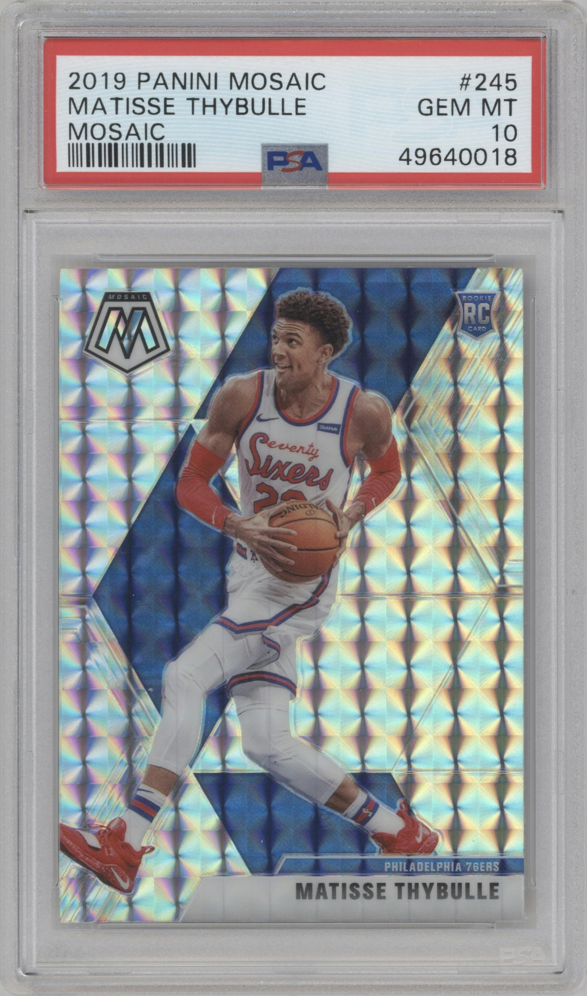 Matisse Thybulle from the 2019-20 Panini Mosaic  set featuring a Mosaic parallel graded by PSA and given an overall grade of 10.