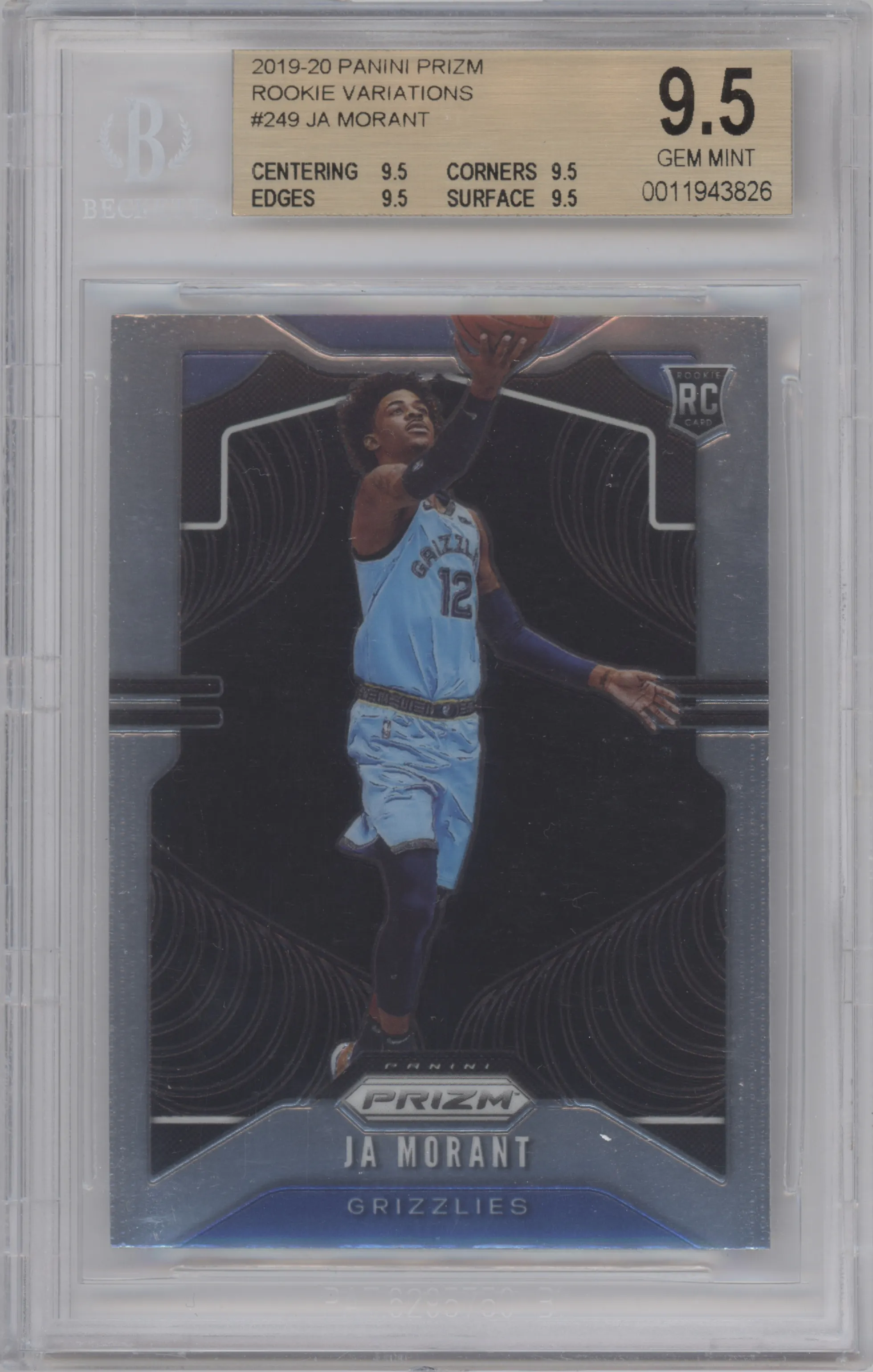 Ja Morant from the 2019-20 Panini Prizm set graded by Beckett and given an overall grade of 9.5.