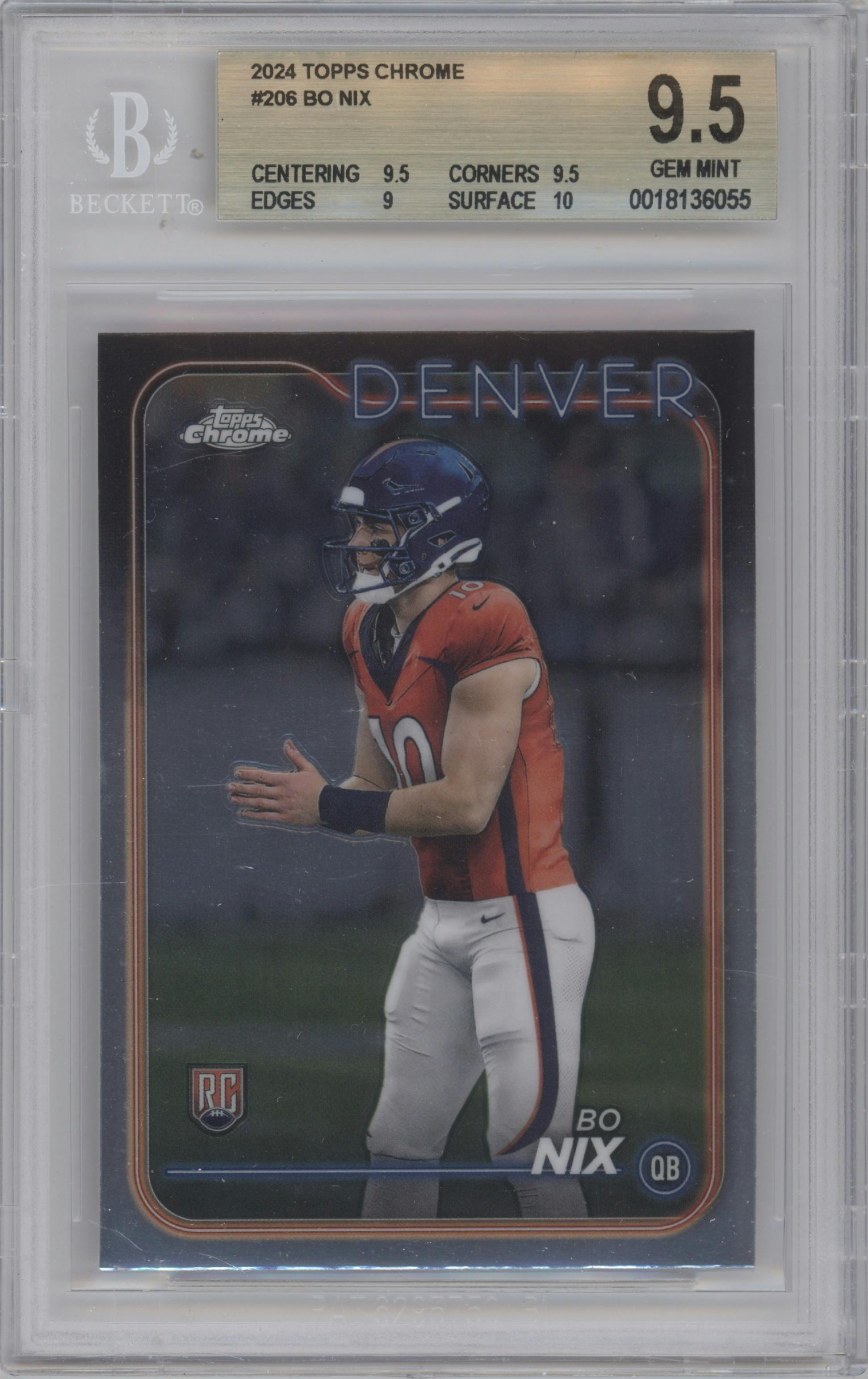 Bo Nix from the 2024 Topps Chrome set graded by Beckett and given an overall grade of 9.5.