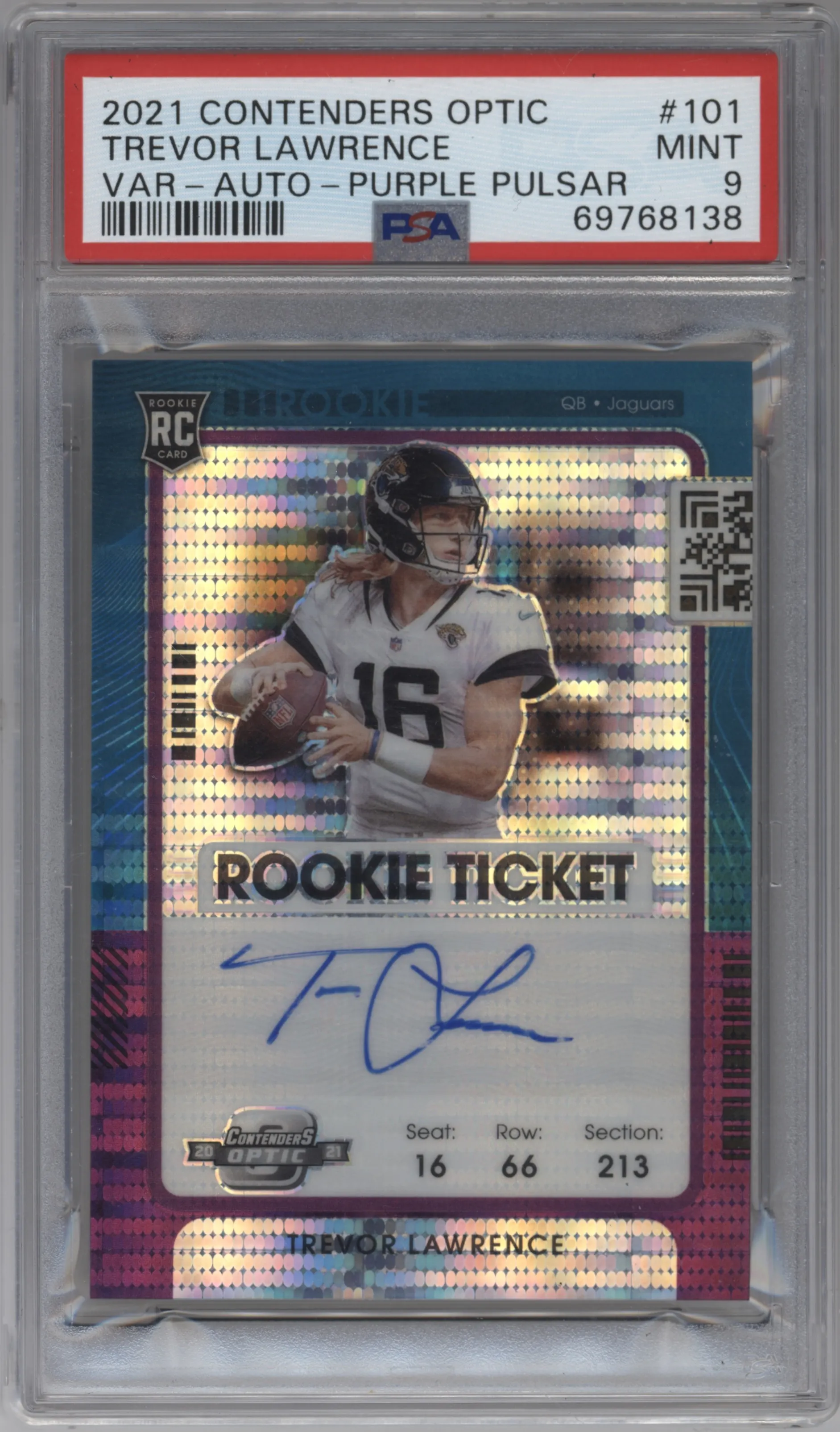 2021 Panini Contenders Optic Rke.Tkt.Auto Var. Trevor Lawrence Purple Pulsar #101 PSA 9