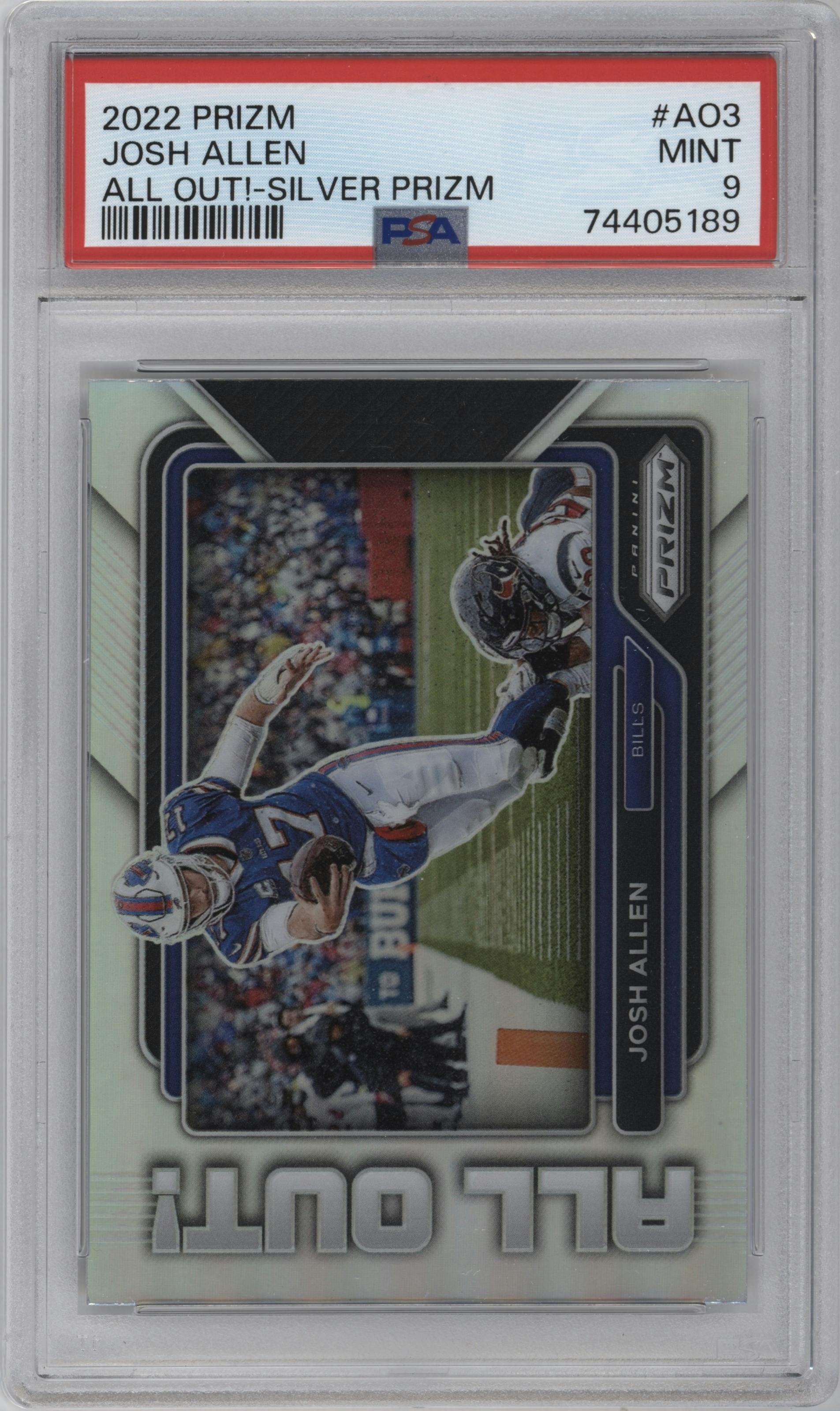 Josh Allen from the 2022 Panini Prizm set featuring a Silver Prizm parallel graded by PSA and given an overall grade of 9.